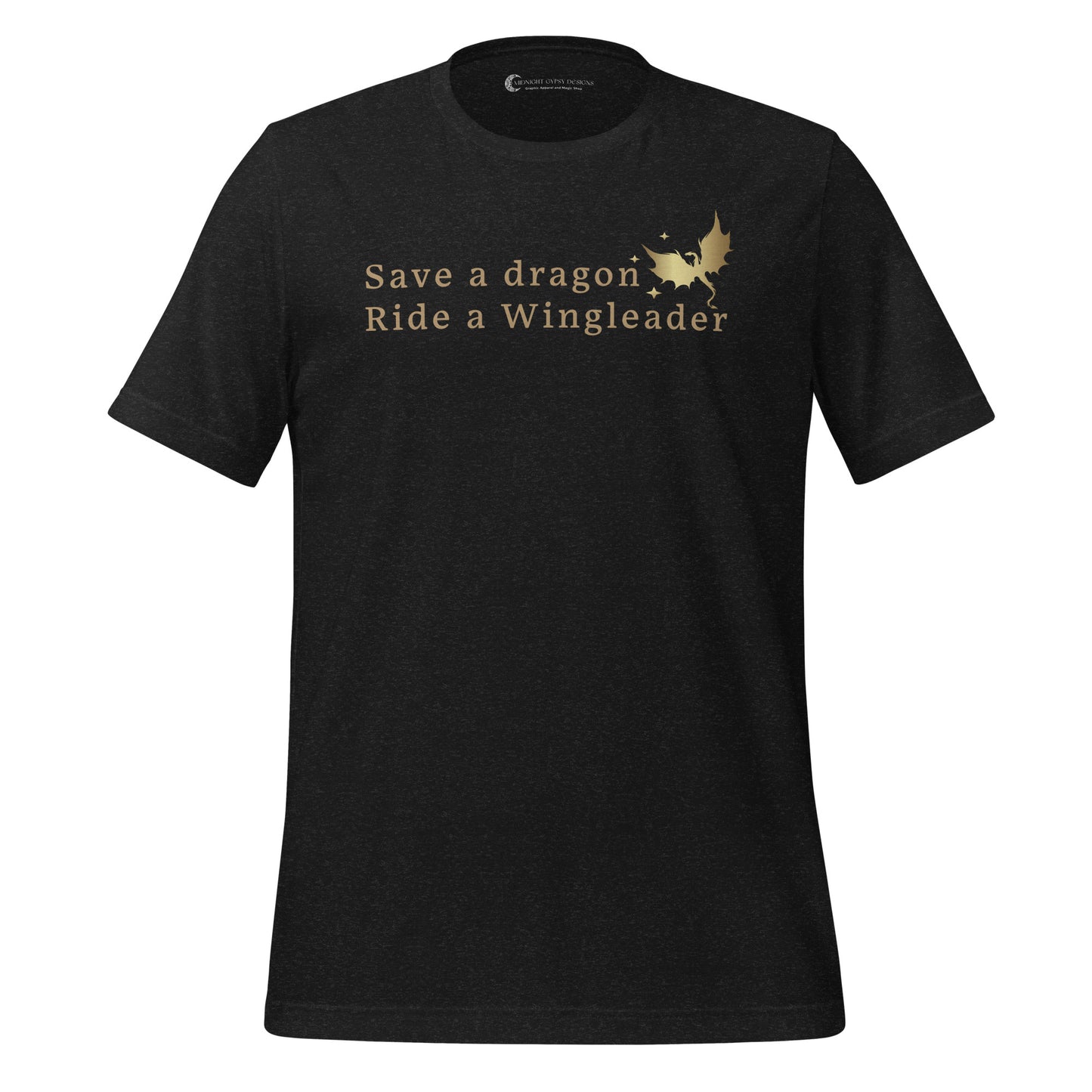 Black heather Fourth Wing shirt that says Save a Dragon Ride a Wingleader with a dragon and stars created by graphic apparel company Midnight Gypsy Designs as part of its bookish merch collection for fantasy book readers and fans of the novel books Fourth Wing, Iron Flame, and Onyx Storm.