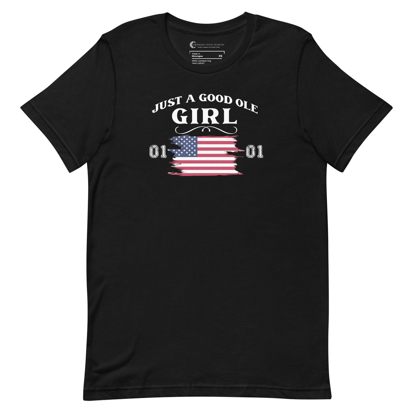 Black Just A Good Ole Girl shirt with American flag and General Lee 01 number created by graphic apparel company Midnight Gypsy Designs as part of their Patriotic Pride Apparel Collection. Perfect Dukes of Hazard shirt, Dukes of Hazard t-shirt, Daisy Duke shirt, Daisy Duke t-shirt, General Lee shirt, General Lee t-shirt, and USA Patriotic shirt.