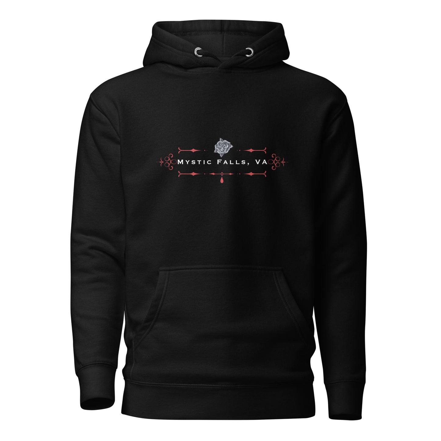 Black Mystic Falls hoodie that says Look Like a Salvatore, Act Like a Forbes, and Love Like a Gilbert with black rose and red blood drip created by graphic apparel company Midnight Gypsy Designs as part of their The Vampire Diaries apparel line. Perfect Vampire Diaries hoodie, Stefan Salvatore hoodie, Damon Salvatore hoodie, Mystic Falls shirt, Bonnie Bennett shirt, Caroline Forbes shirt, and Salvatore Brothers hoodie.