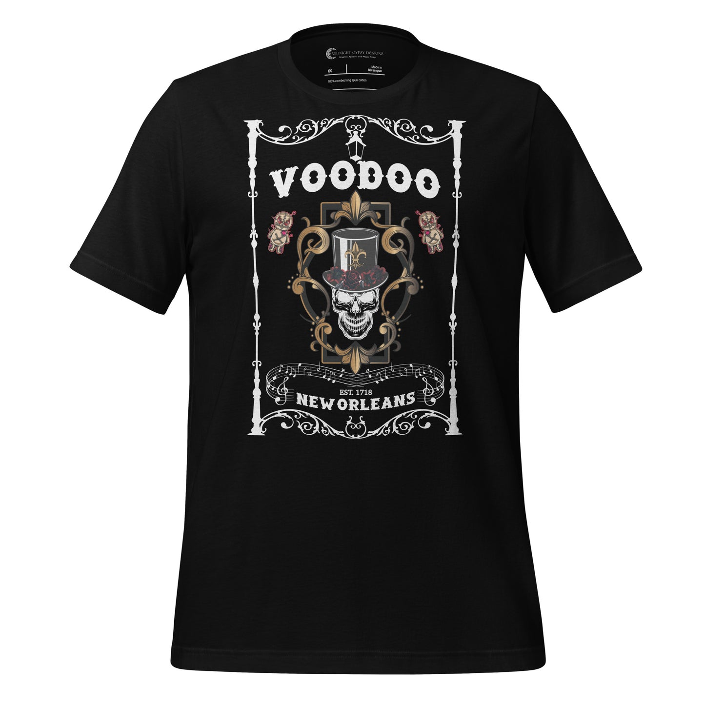 Black Bourbon Street Voo Doo New Orleans t-shirt with voo doo doll and skull with top hat and roses created by graphic apparel company Midnight Gypsy Designs.