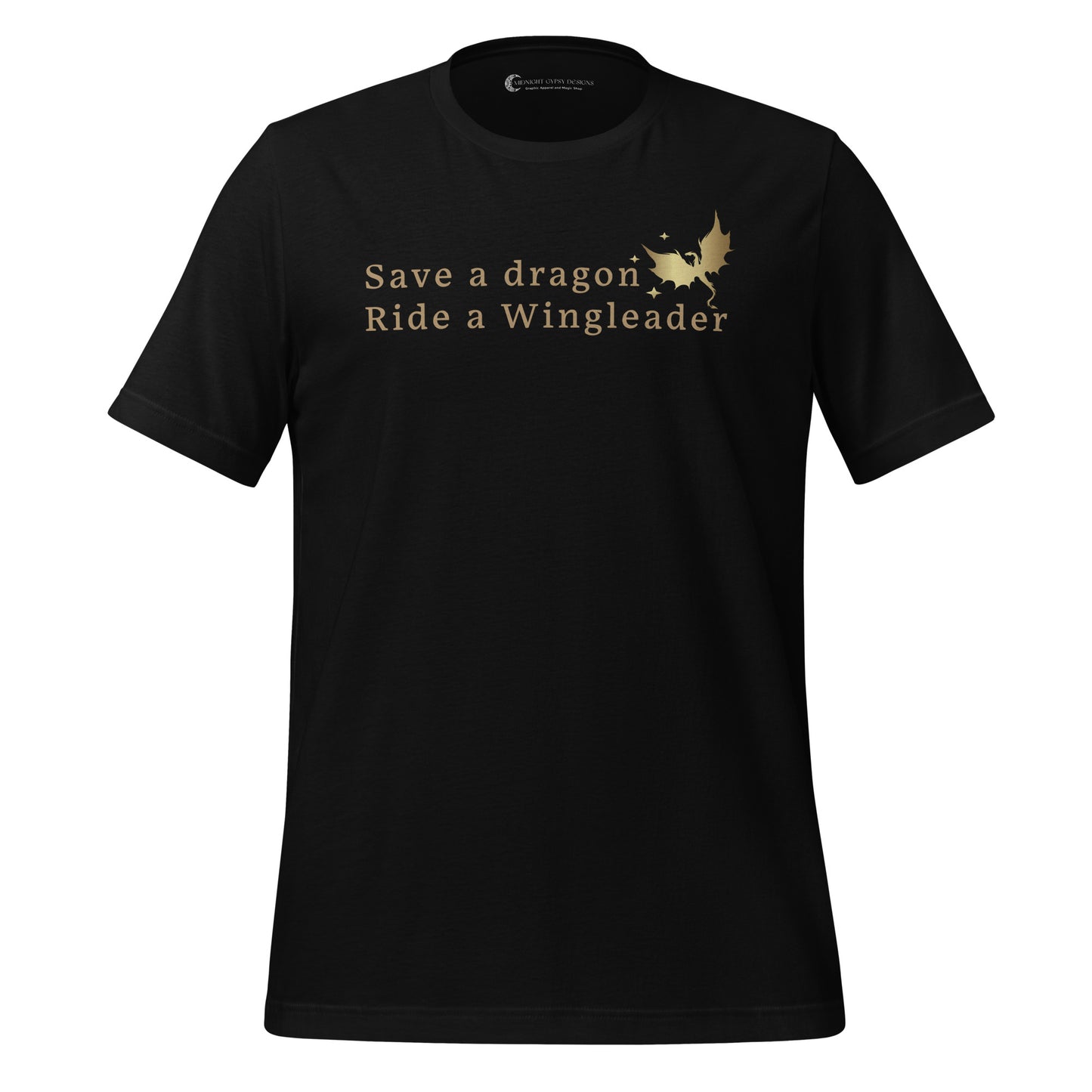 Black Fourth Wing shirt that says Save a Dragon Ride a Wingleader with a dragon and stars created by graphic apparel company Midnight Gypsy Designs as part of its bookish merch collection for fantasy book readers and fans of the novel books Fourth Wing, Iron Flame, and Onyx Storm.