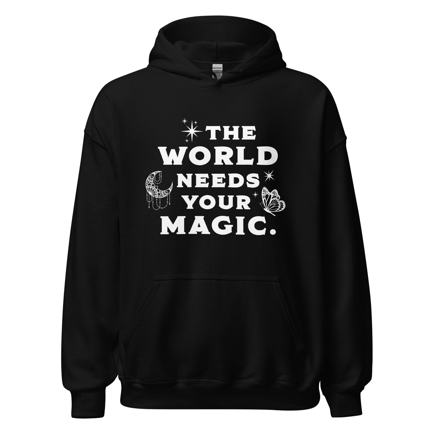 Black The World Needs Your Magic hoodie with the moon and stars and butterfly created by graphic apparel company Midnight Gypsy Designs for their kindness apparel collection. Perfect mental health awareness shirt and cute kindness shirt.