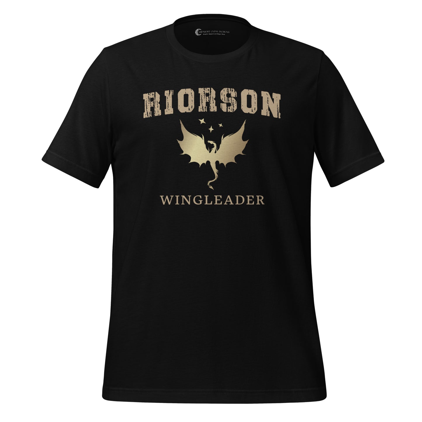 Black Fourth Wing shirt that says Riorson Wingleader with a dragon and stars created by graphic apparel company Midnight Gypsy Designs as part of its bookish merch collection for fantasy book readers. Perfect dragon riders shirt, Xaden Riorson shirt, Iron Flame shirt and Onyx Storm shirt.