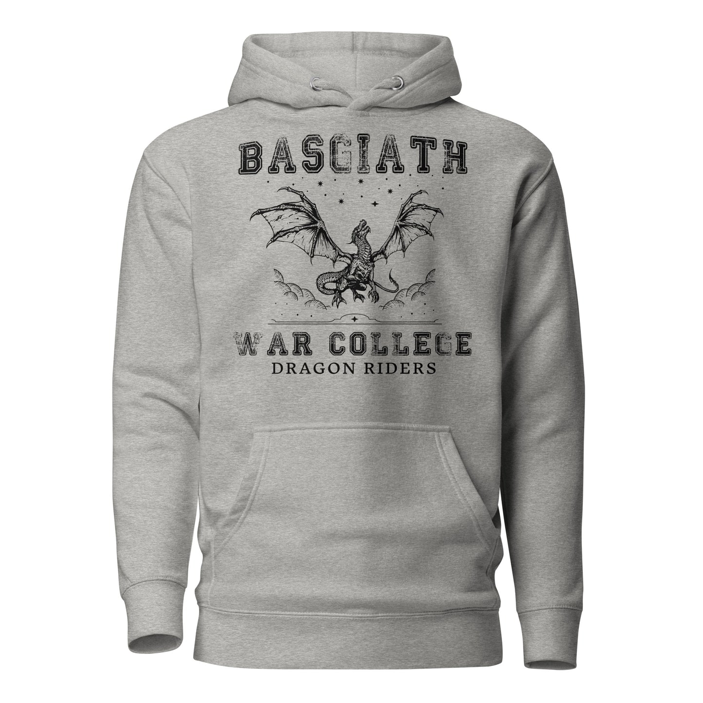 Carbon grey dragon rider Basgiath War College hoodie for fantasy book readers of Fourth Wing, Iron Flame, and Onyx Storm created by graphic apparel company Midnight Gypsy Designs as part of their bookish merch collection.
