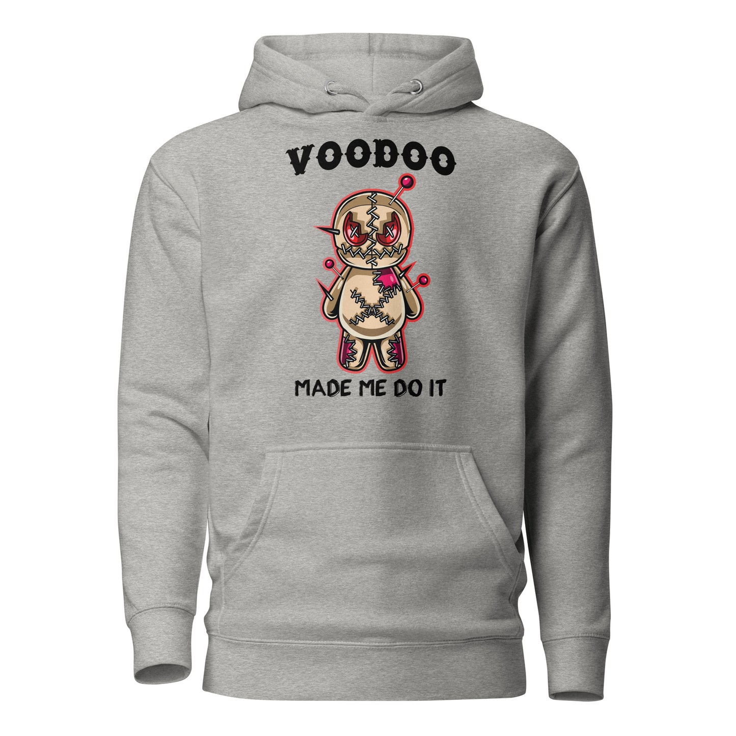 Carbon grey VooDoo Made Me Do It Hoodie with a Voodoo doll with pins on front created by graphic apparel company Midnight Gypsy Designs.