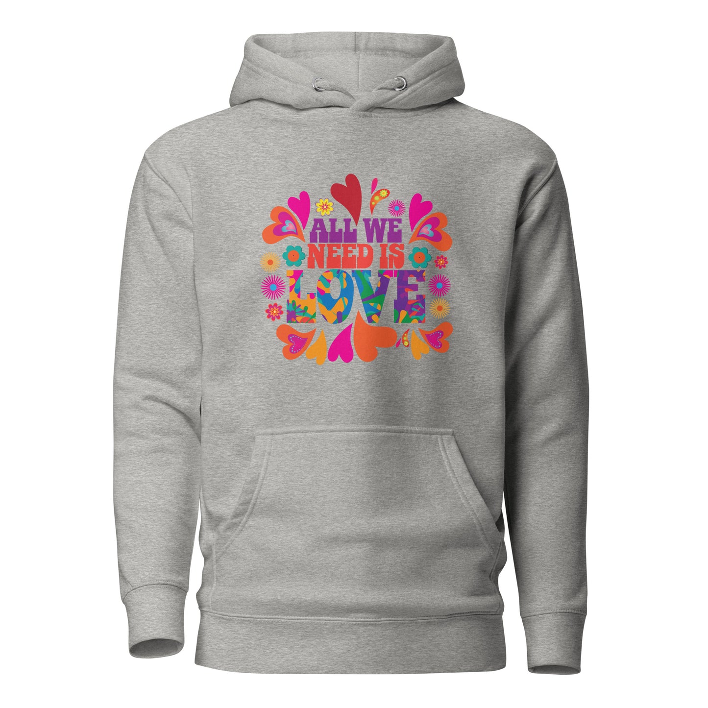 Athletic grey All We Need Is Love hoodie with colorful hippie flowers and hearts created by graphic apparel shop Midnight Gypsy Designs as part of their slogan shirt collection. Perfect mental health awareness shirt, Vintage 1960s hippie hoodie, positive vibes hoodie, all we need is love shirt, cute hippie shirt, vintage 1960s shirt, mental health awareness hoodie, cute love shirt, valentine's day shirt, valentine's day hoodie, cute kindness hoodie, and cute kindness shirt.