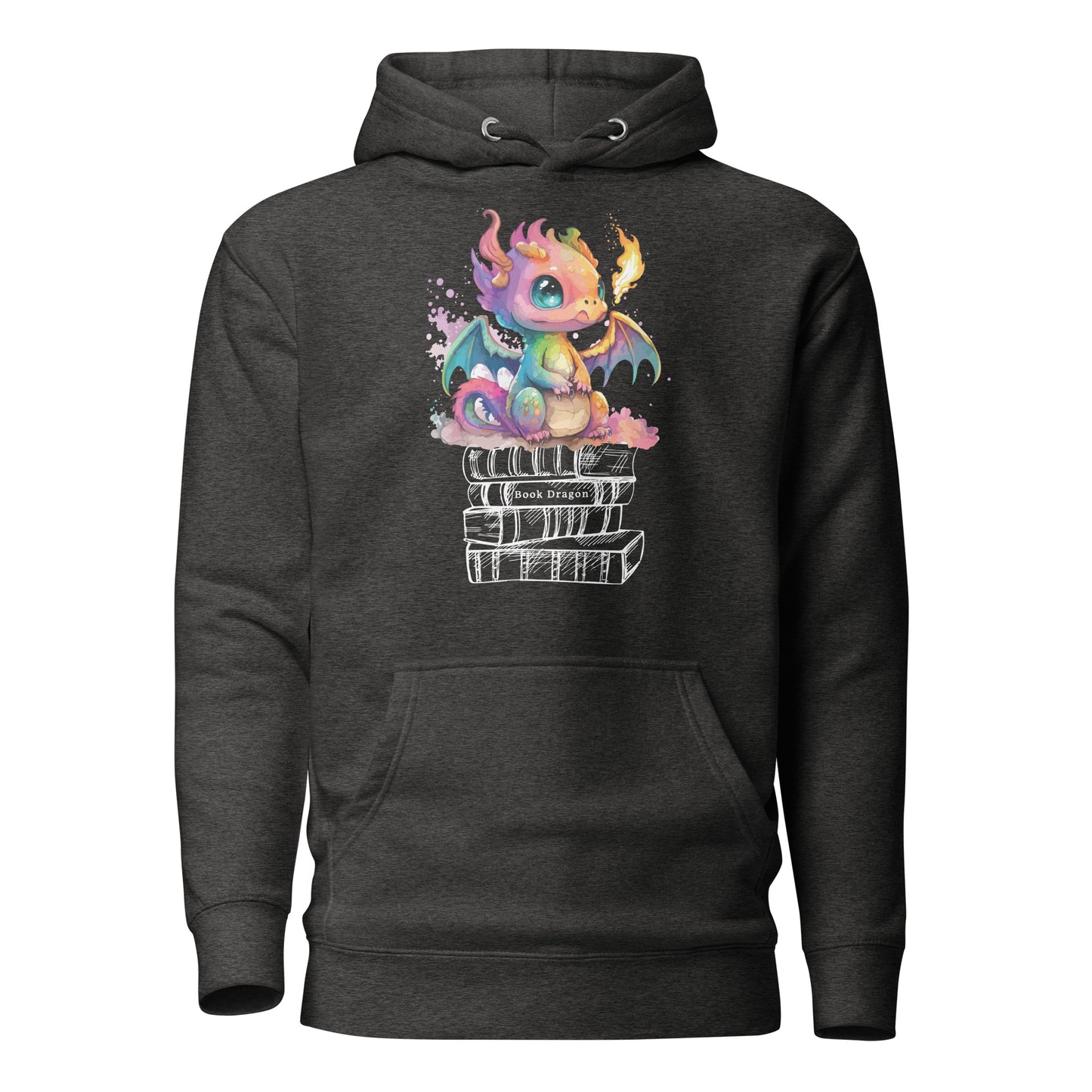 Charcoal grey book dragon hoodie with a fire breathing rainbow dragon sitting on top of a stack of books designed by graphic apparel shop Midnight Gypsy Designs as part of their bookish merch collection. Perfect book dragon shirt for fantasy readers!
