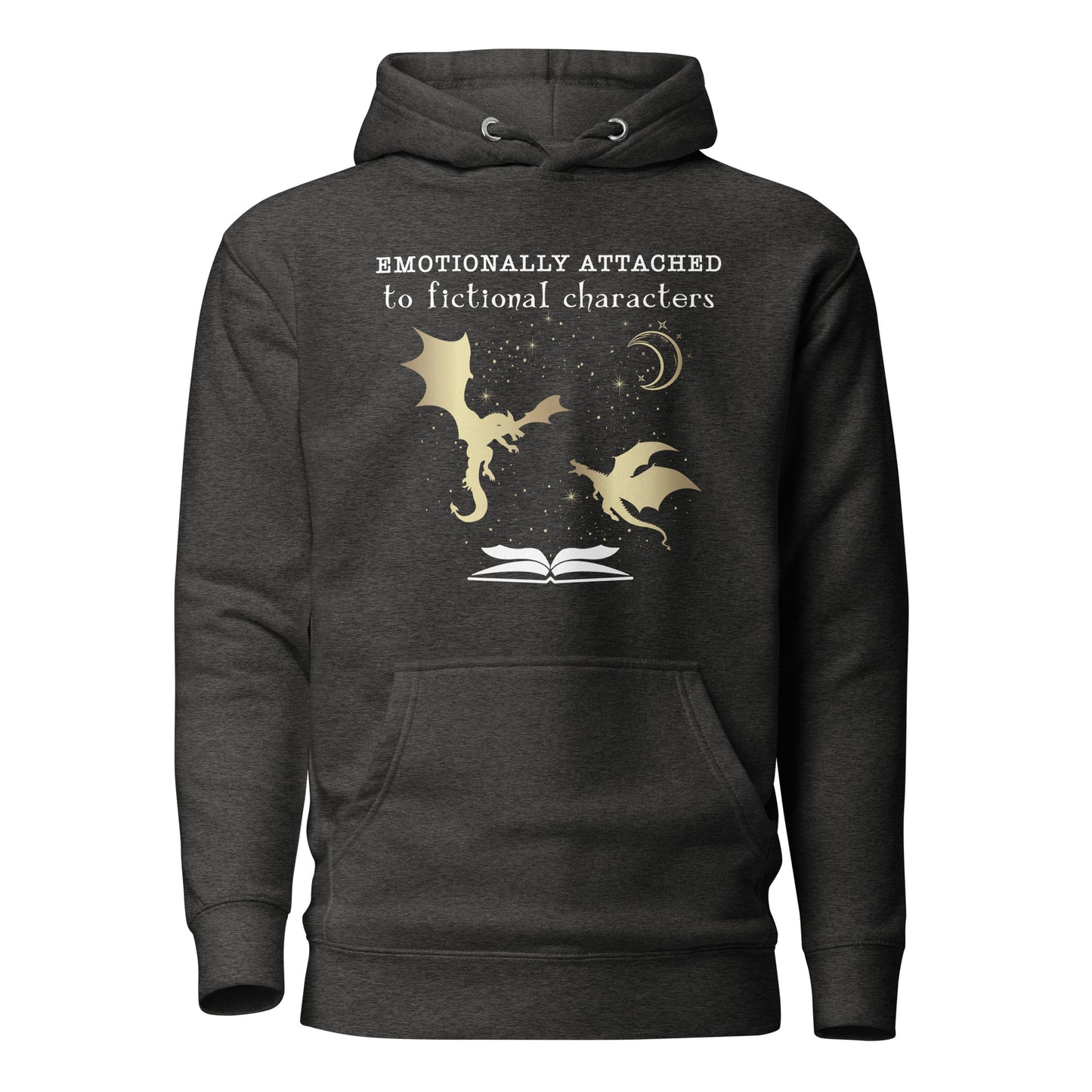 Charcoal grey Emotionally Attached to Fictional Characters hoodie with two gold dragons flying over an open book and a crescent moon created by graphic apparel company Midnight Gypsy Designs for their in my fantasy era academia book merch. Perfect book dragon shirt, fantasy readers shirt, bookish merch, shirt for fantasy readers, and fourth wing hoodie!
