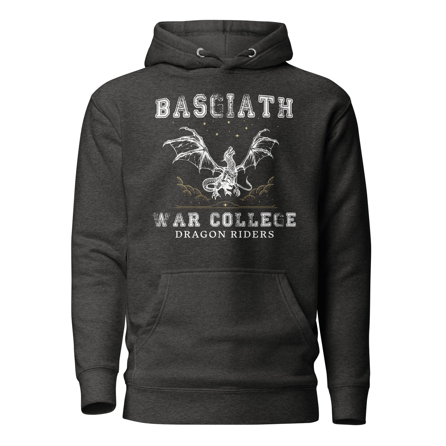 Charcoal heather grey dragon rider Basgiath War College hoodie for fantasy book readers of Fourth Wing, Iron Flame, and Onyx Storm created by graphic apparel company Midnight Gypsy Designs as part of their bookish merch collection.