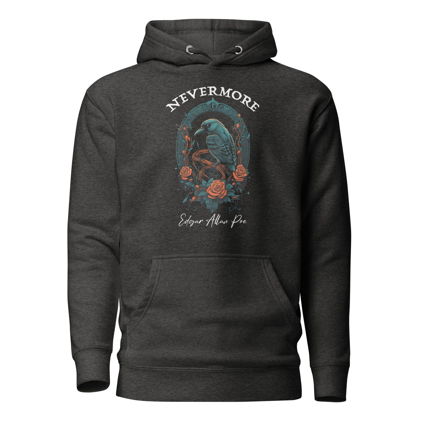 Charcoal heather gray Edgar Allan Poe Nevermore hoodie with black raven and red roses created by apparel clothing store Midnight Gypsy Designs.