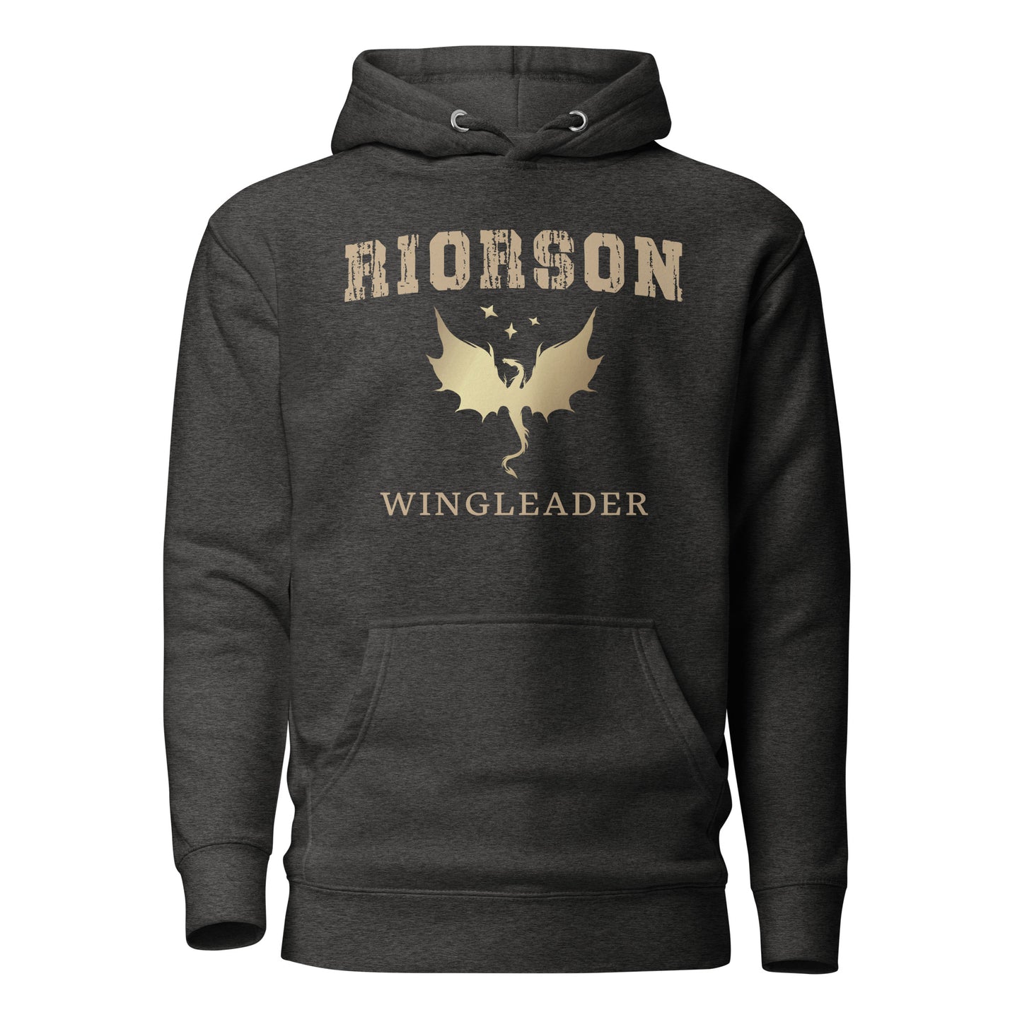 Charcoal heather grey Fourth Wing shirt that says Riorson Wingleader with a dragon and stars created by graphic apparel company Midnight Gypsy Designs as part of its bookish merch collection for fantasy book readers. Perfect dragon riders shirt, Xaden Riorson shirt, Iron Flame shirt and Onyx Storm shirt.