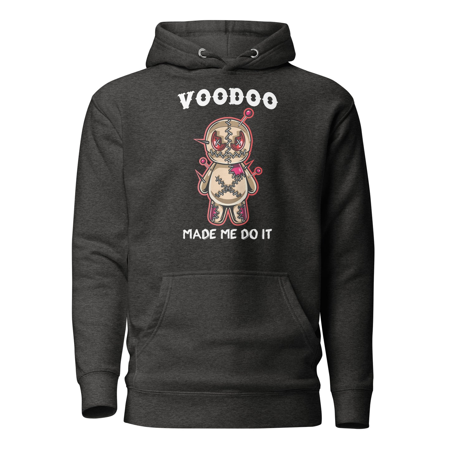 Charcoal heather grey VooDoo Made Me Do It Hoodie with a Voodoo doll with pins on front created by graphic apparel company Midnight Gypsy Designs.