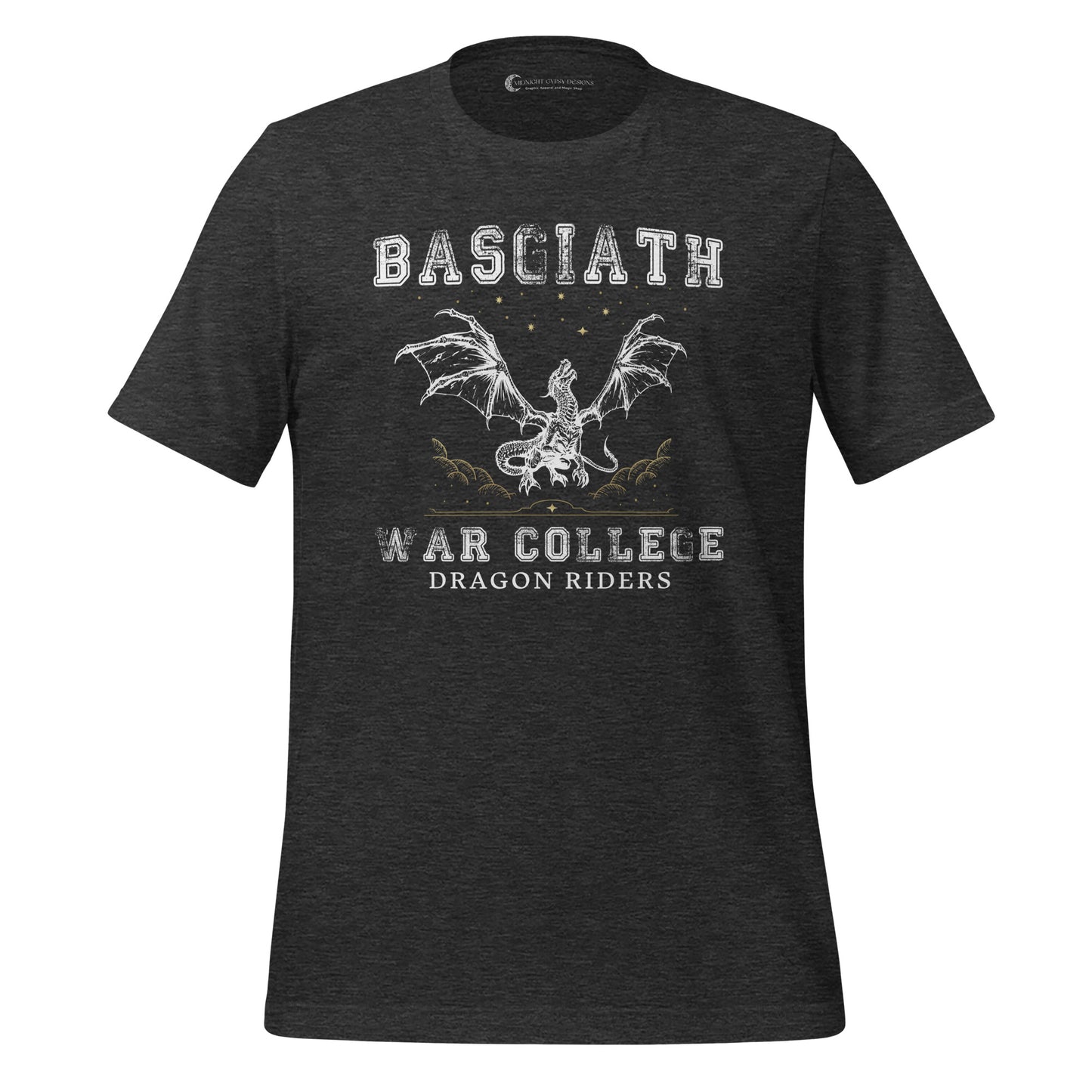 Dark grey dragon rider Basgiath War College shirt for fantasy book readers of Fourth Wing, Iron Flame, and Onyx Storm created by graphic apparel company Midnight Gypsy Designs as part of their bookish merch collection.