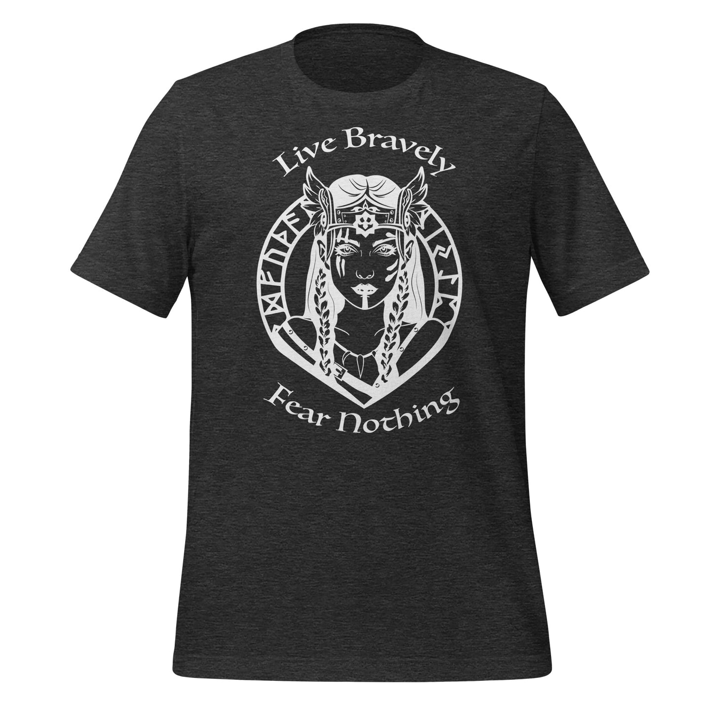 Dark grey heather Shieldmaiden Viking Warrior t-shirt that reads Live Bravely Fear Nothing with a Viking Warrior woman with Futhark runes created by graphic apparel shop Midnight Gypsy Designs.