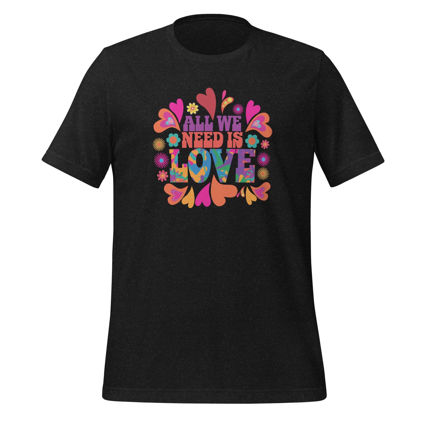 Dark grey All We Need Is Love T-shirt by graphic apparel company Midnight Gypsy Designs. Perfect All We Need is Love shirt, mental health awareness shirt, 60s love shirt, cute hippie shirt, flower child shirt, colorful peace shirt, and cute kindness shirt.