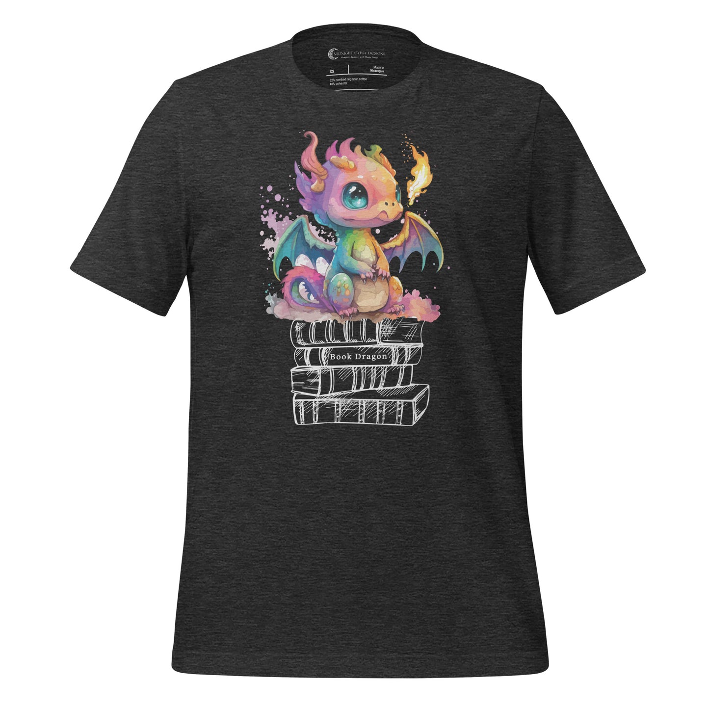 Black book dragon shirt with a fire breathing rainbow dragon sitting on top of a stack of books designed by graphic apparel shop Midnight Gypsy Designs as part of their bookish merch collection. Cute dragon shirt for fantasy readers!