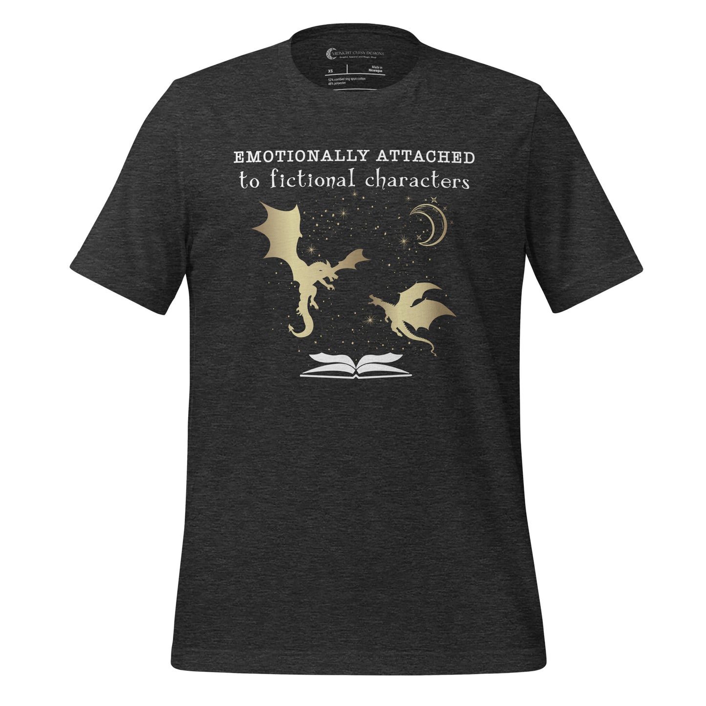 Dark grey Emotionally Attached to Fictional Characters shirt with two gold dragons flying over an open book and a crescent moon created by graphic apparel company Midnight Gypsy Designs for their academia book merch collection. Perfect fantasy readers shirt, book dragon shirt, fourth wing shirt, book merch, bookish merch, and shirt for fantasy readers.