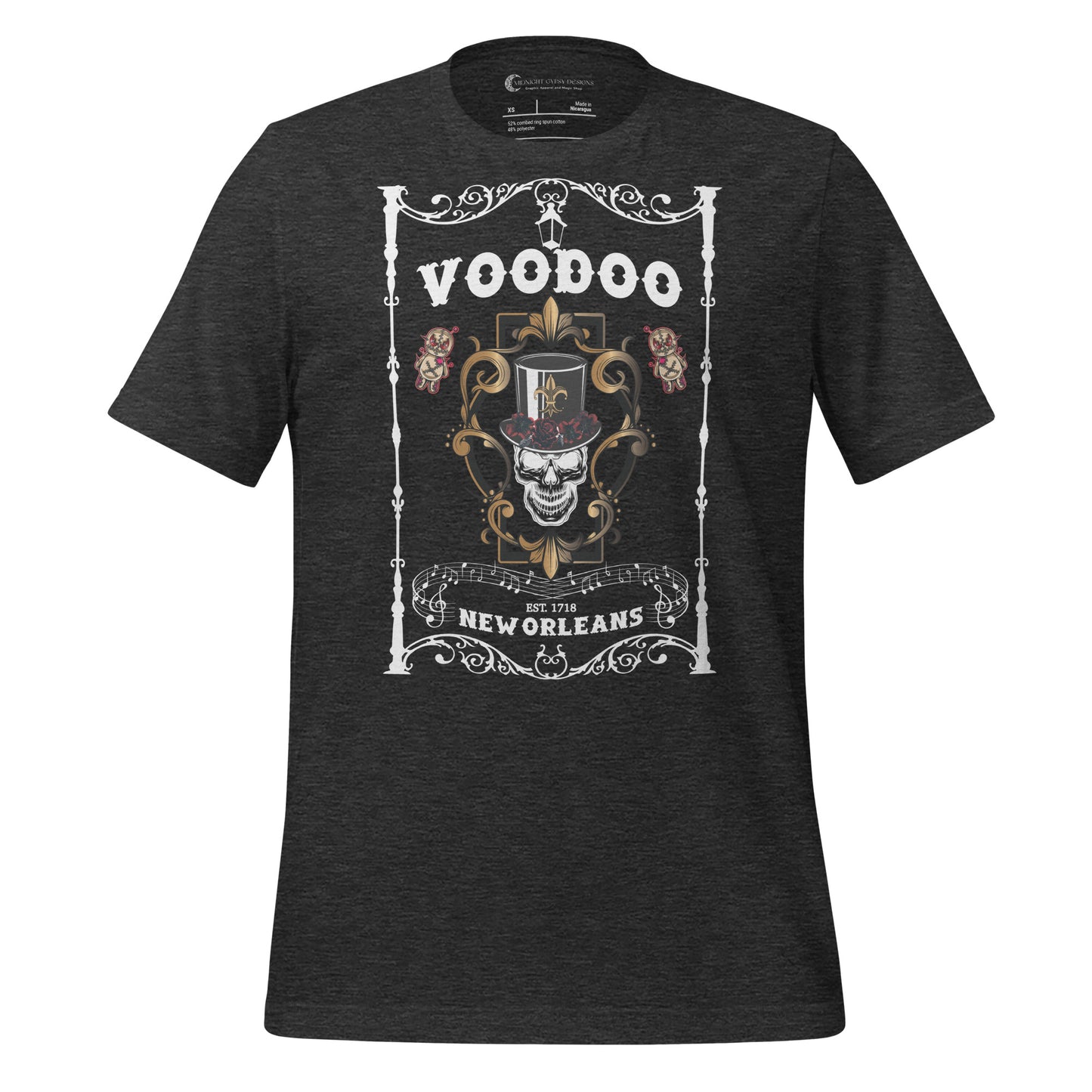 Dark grey Bourbon Street Voo Doo New Orleans t-shirt with voo doo doll and skull with top hat and roses created by graphic apparel company Midnight Gypsy Designs.