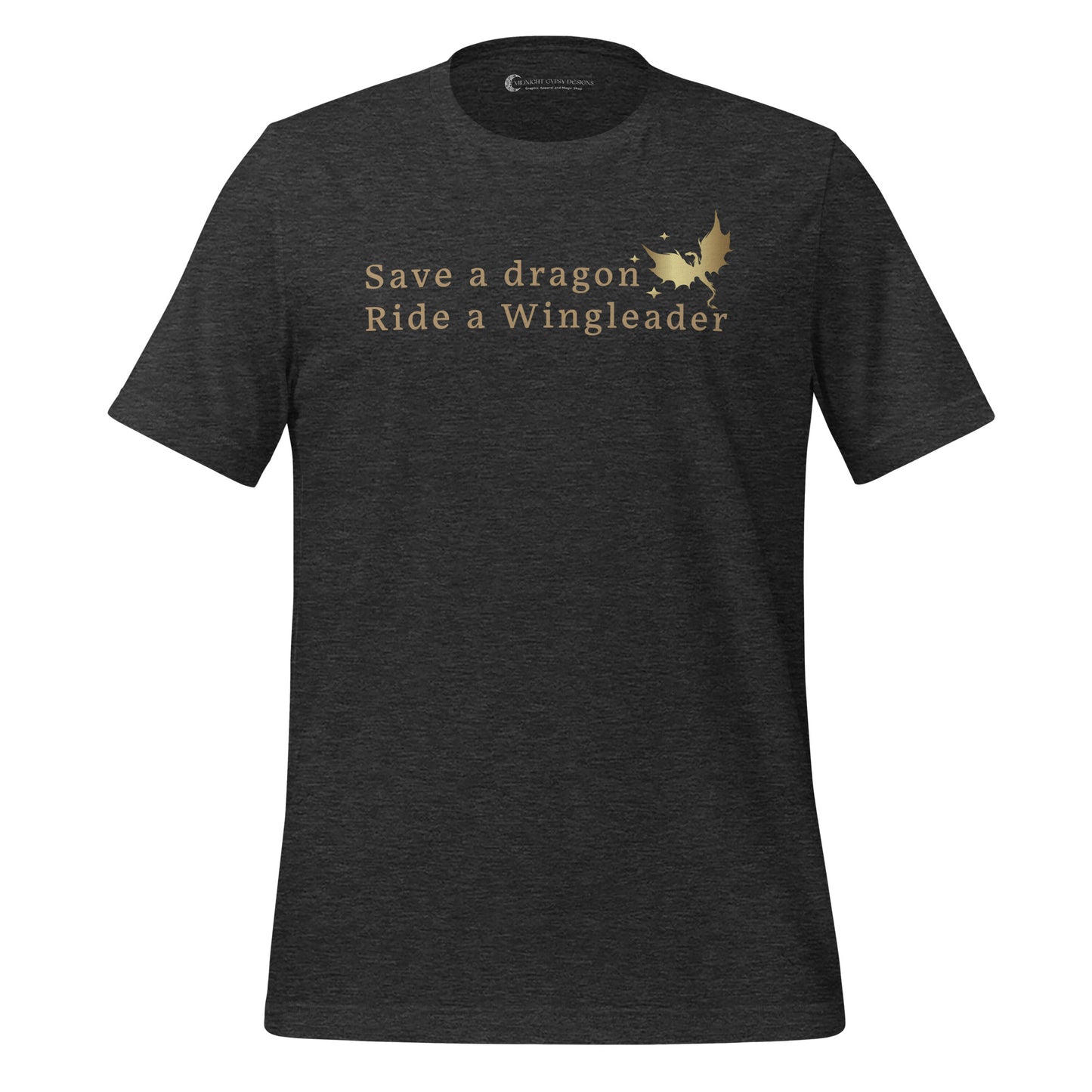 Dark grey Fourth Wing shirt that says Save a Dragon Ride a Wingleader with a dragon and stars created by graphic apparel company Midnight Gypsy Designs as part of its bookish merch collection for fantasy book readers and fans of the novel books Fourth Wing, Iron Flame, and Onyx Storm.
