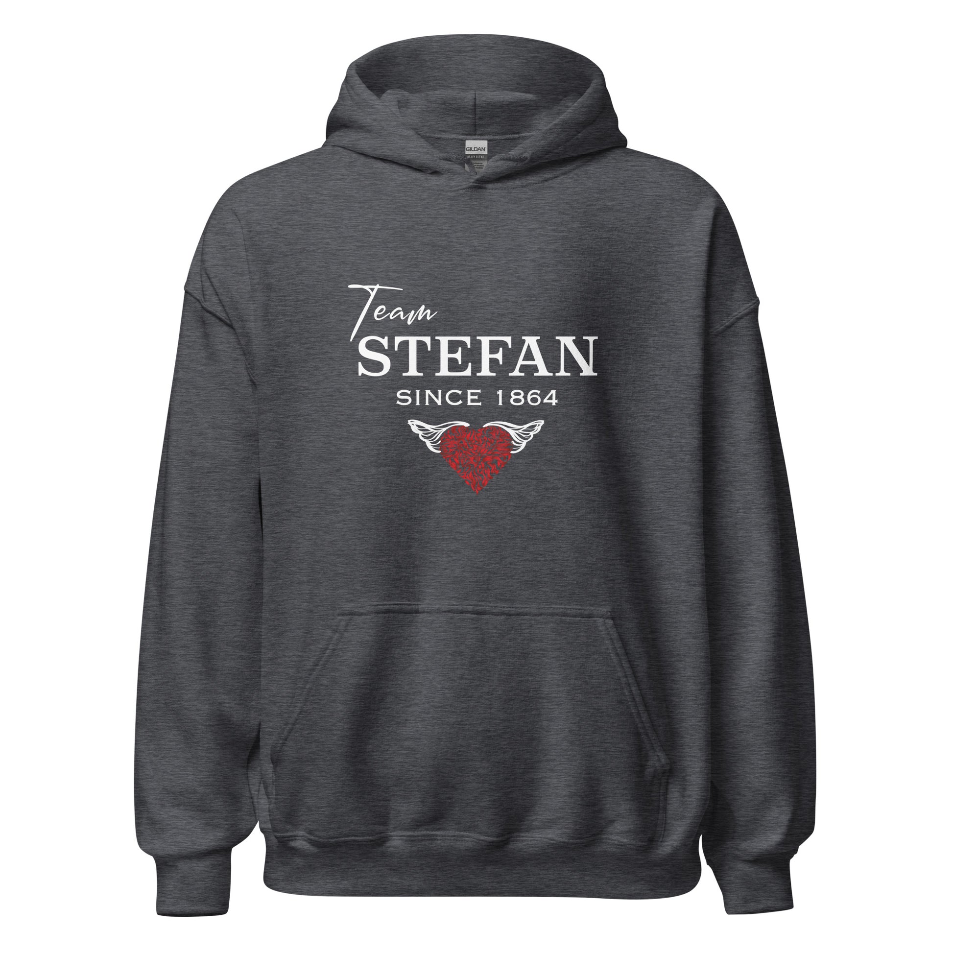 Dark grey Team Stefan Since 1864 hoodie from The Vampire Diaries that reads team Stefan since 1864 with a read heart created by graphic apparel company Midnight Gypsy Designs as part of their The Vampire Diaries apparel line. Perfect Mystic Falls hoodie, The Vampire Diaries hoodie, Stefan Salvatore hoodie, Vampire Diaries shirt, Mystic Falls shirt, Team Stefan since 1864 shirt, Team Stefan hoodie, Team Stefan shirt, and Stefan Salvatore shirt.
