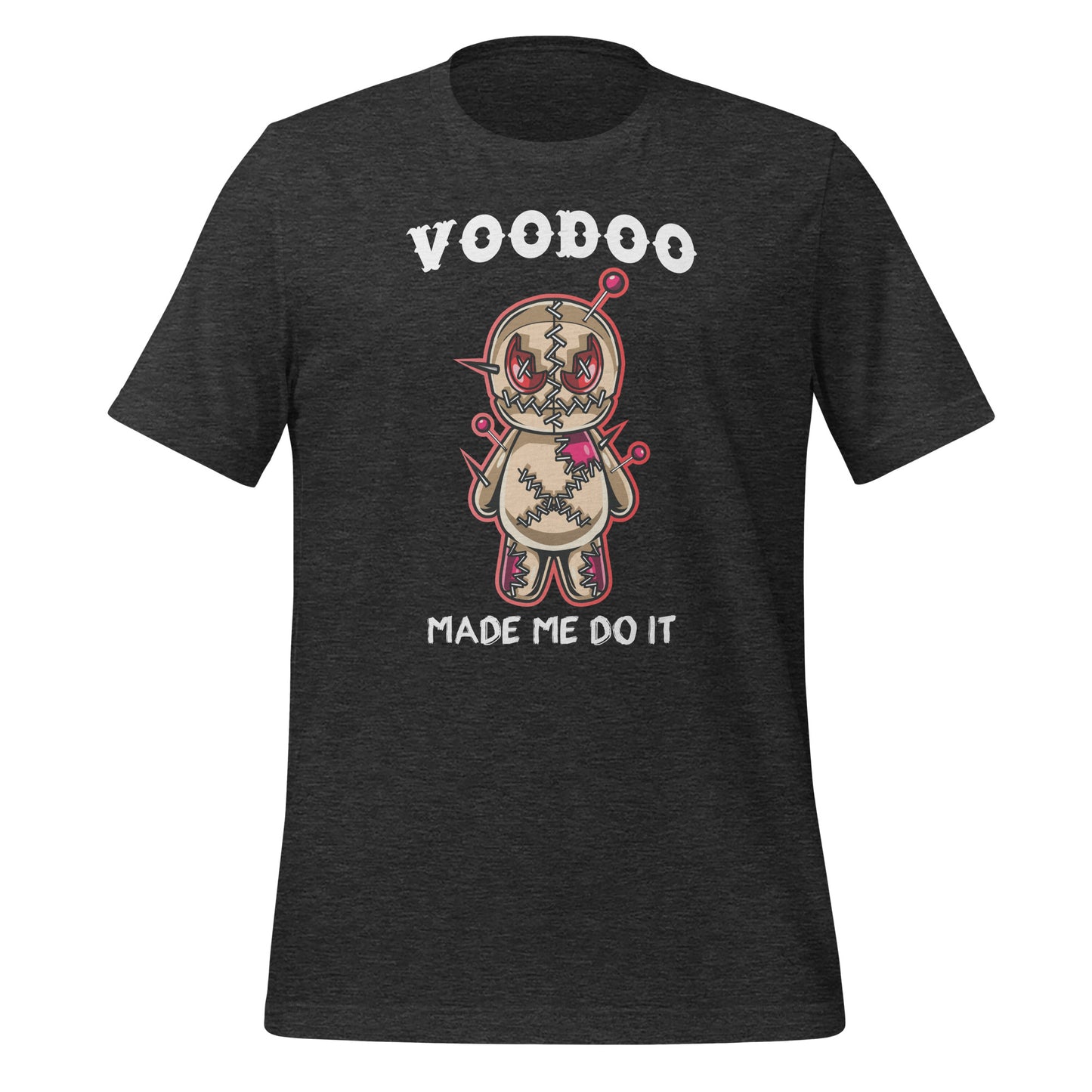 Dark grey VooDoo Made Me Do It New Orleans shirt with voodoo doll designed by graphic apparel company Midnight Gypsy Designs.