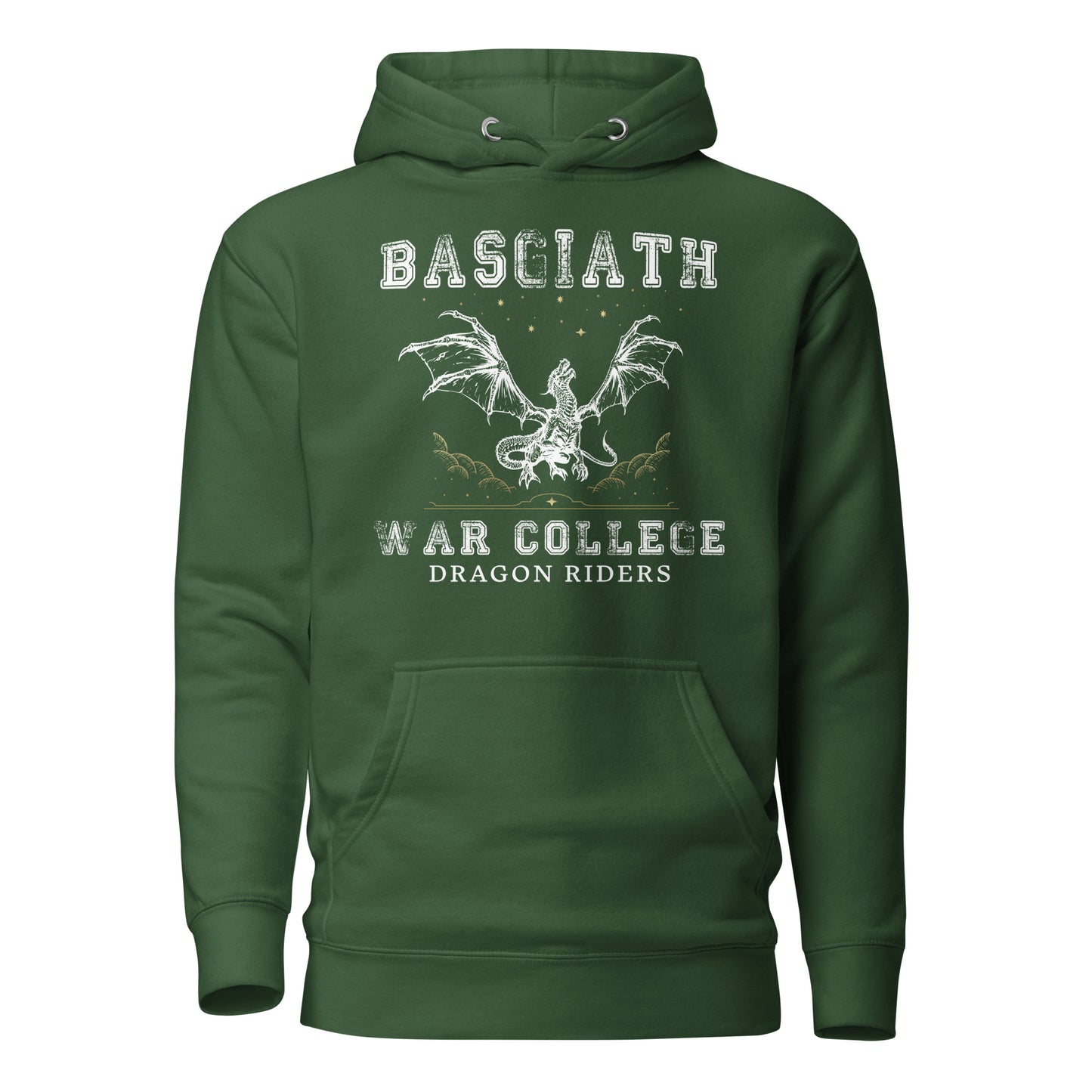 Forest green dragon rider Basgiath War College hoodie for fantasy book readers of Fourth Wing, Iron Flame, and Onyx Storm created by graphic apparel company Midnight Gypsy Designs as part of their bookish merch collection.