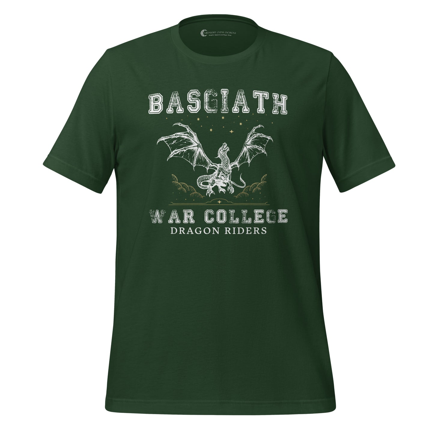 Forest green dragon rider Basgiath War College shirt for fantasy book readers of Fourth Wing, Iron Flame, and Onyx Storm created by graphic apparel company Midnight Gypsy Designs as part of their bookish merch collection.