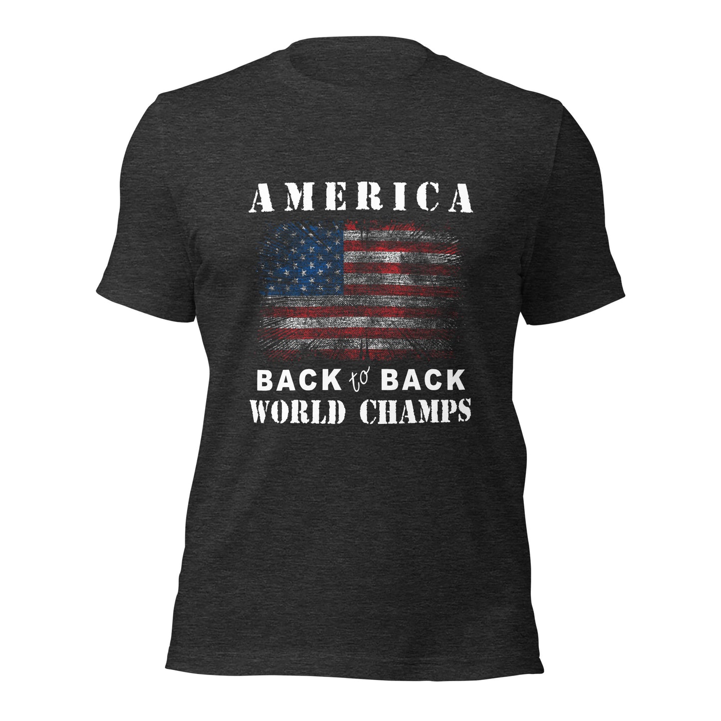 Grey American patriotic pride shirt that says America Back to Back World Champs designed by graphic apparel company Midnight Gypsy Designs as part of their USA Patriotic apparel line. Perfect USA veteran shirt, Fourth of July Shirt, USA Patriotic shirt, American pride shirt, USA flag shirt, USA patriot shirt, USA military shirt, and veteran warrior shirt for those who wave the red, white, and blue!