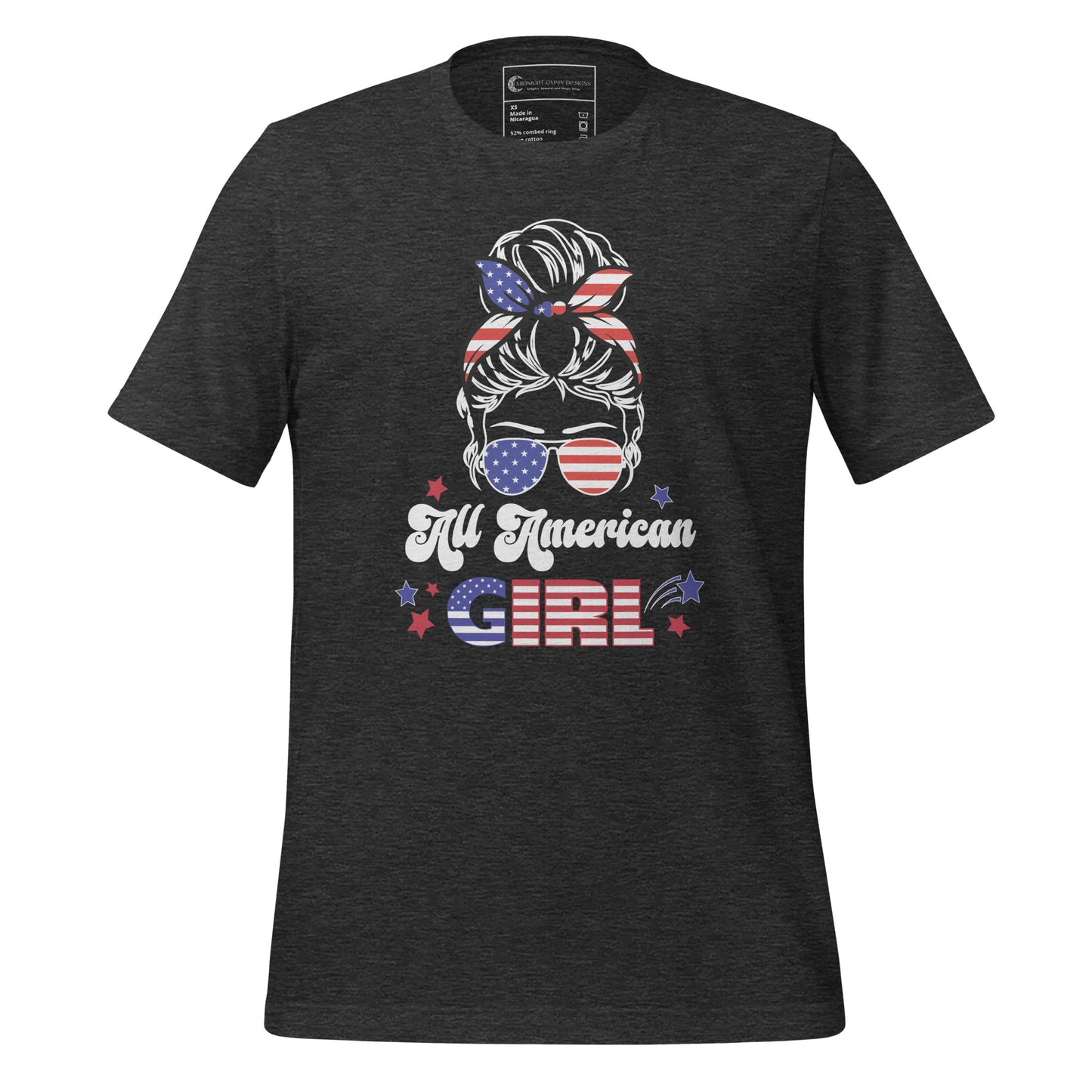 Grey All American Girl t-shirt of a patriotic woman with a messy bun in her hair and patriotic aviator sunglasses with red and blue stars created by patriotic apparel clothing shop Midnight Gypsy Designs as part of their USA patriotic shirt line.
