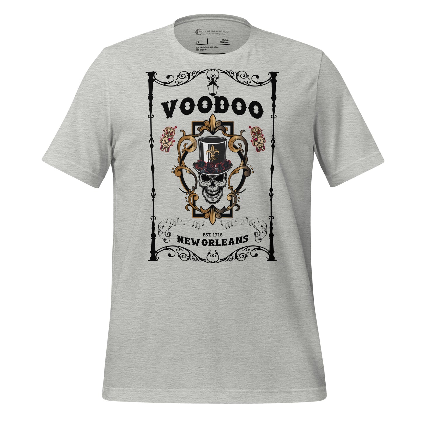 Athletic heather Bourbon Street Voo Doo New Orleans t-shirt with voo doo doll and skull with top hat and roses created by graphic apparel company Midnight Gypsy Designs.