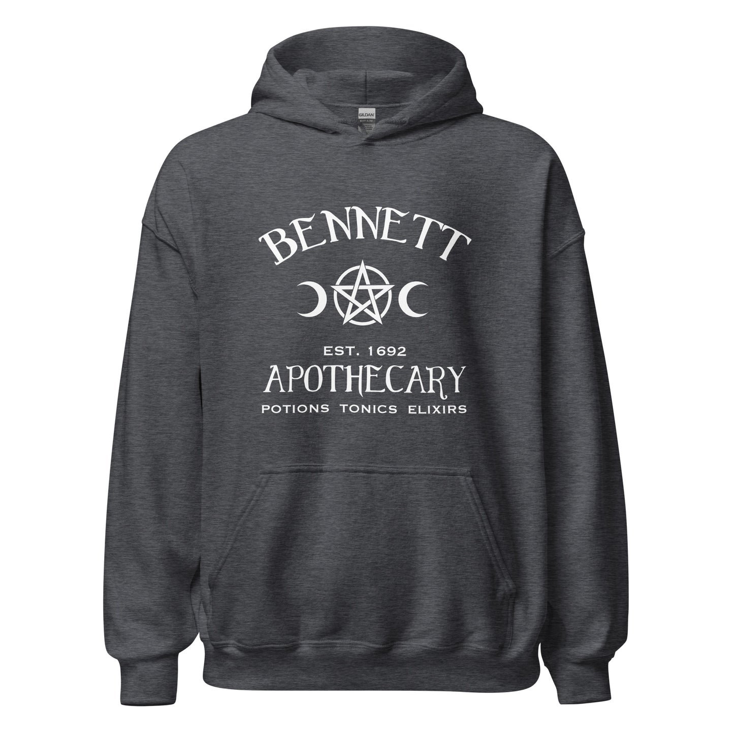 Grey Bonnie Bennett hoodie with white lettering that reads Bennett Apothecary Established 1692 Potions Tonics Elixirs inspired by Bonnie Bennett from The Vampire Diaries and created by apparel apparel company Midnight Gypsy Designs. Perfect The Vampire Diaries hoodie, Bonnie Bennett shirt, Salem witch trials shirt, Mystic Falls hoodie, Vampire Diaries shirt, Mystic Falls shirt, Bonnie Bennett Apothecary shirt, and Salem witch trials hoodie.
