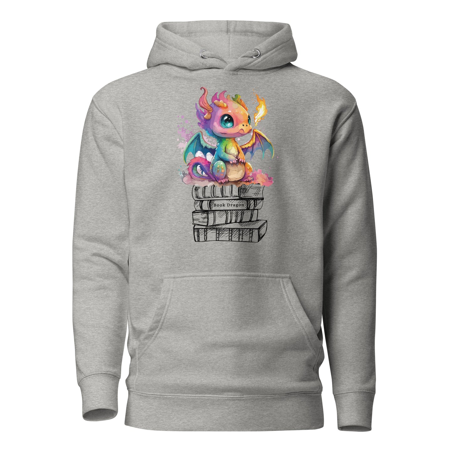 Grey book dragon hoodie with a fire breathing rainbow dragon sitting on top of a stack of books designed by graphic apparel shop Midnight Gypsy Designs as part of their bookish merch collection. Perfect book dragon shirt for fantasy readers!