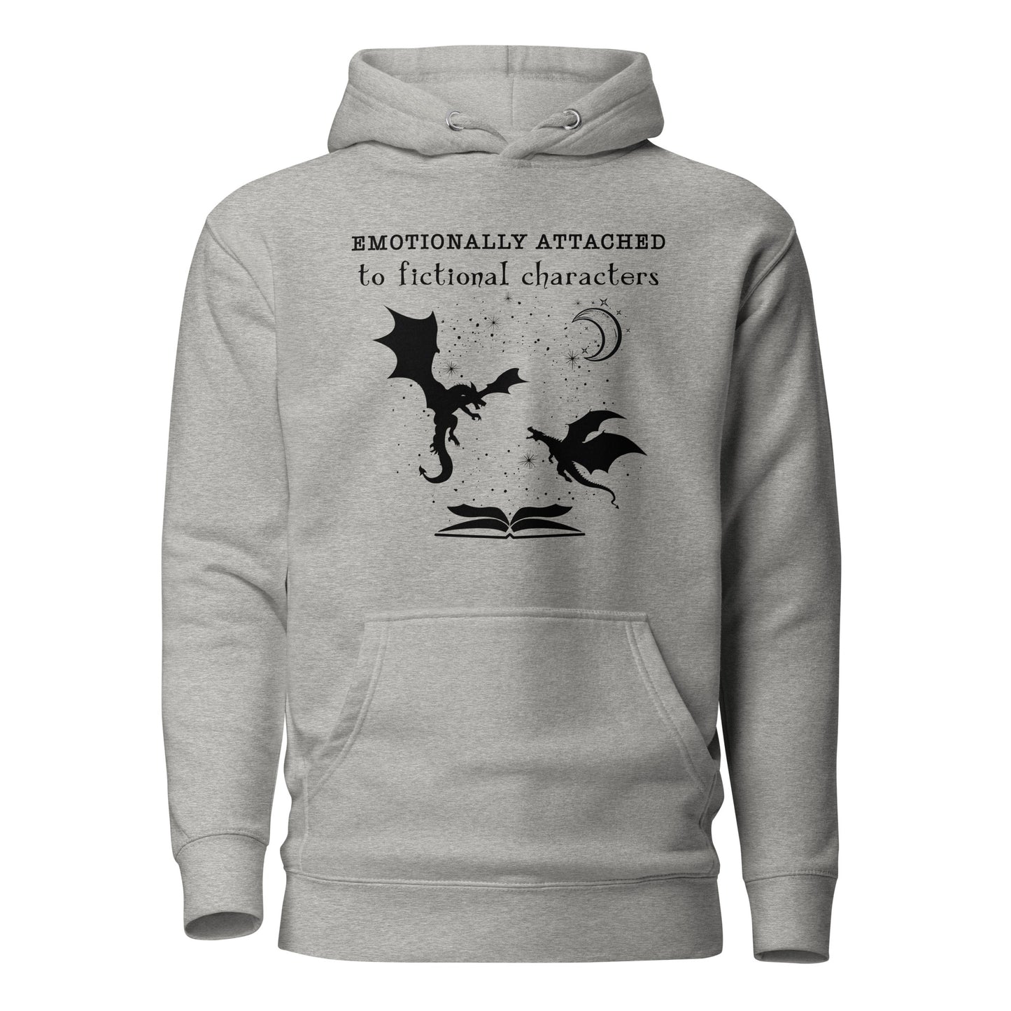 Carbon grey Emotionally Attached to Fictional Characters hoodie with two gold dragons flying over an open book and a crescent moon created by graphic apparel company Midnight Gypsy Designs for their in my fantasy era academia book merch. Perfect book dragon shirt, fantasy readers shirt, bookish merch, shirt for fantasy readers, and fourth wing hoodie!