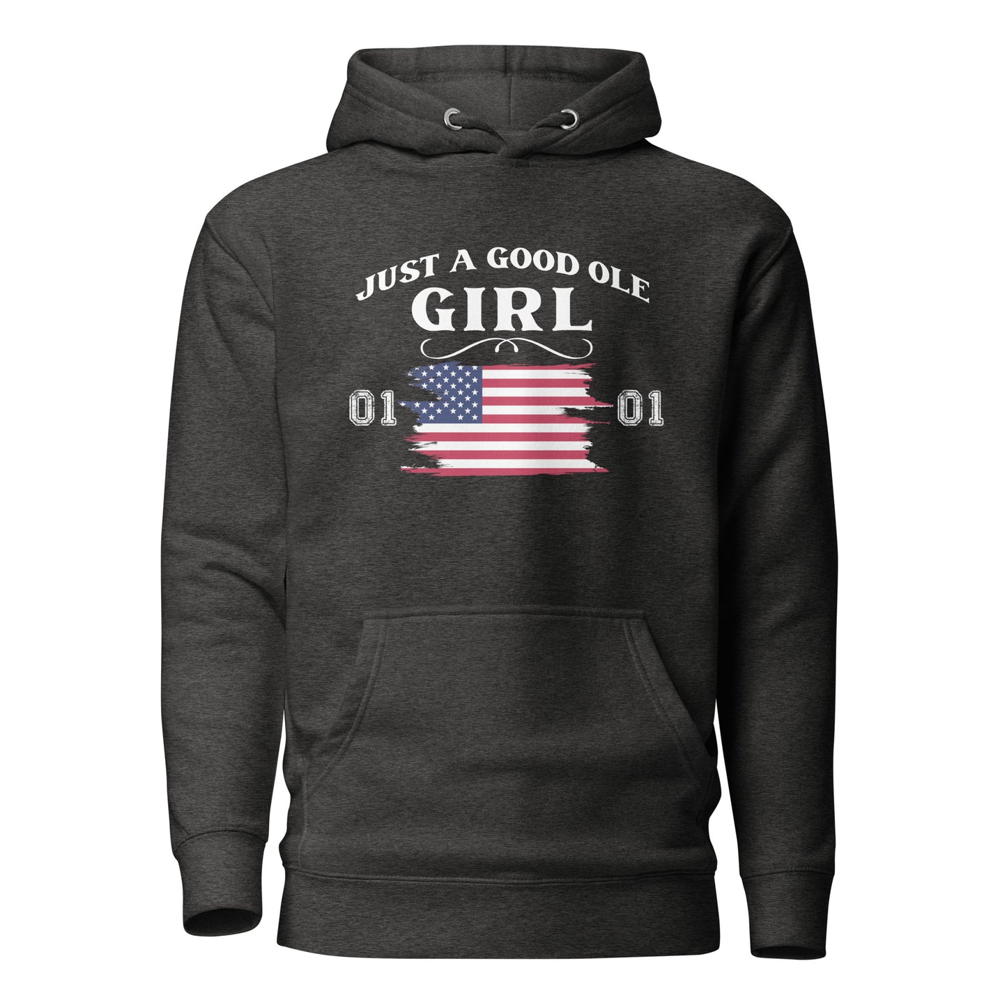 Grey Just A Good Ole Girl hoodie with American flag and General Lee 01 number created by graphic apparel company Midnight Gypsy Designs as part of their Patriotic Pride Apparel Collection. Perfect Dukes of Hazard hoodie, Dukes of Hazard shirt, Daisy Duke hoodie, Daisy Duke shirt, General Lee hoodie, General Lee shirt, and USA Patriotic shirt.