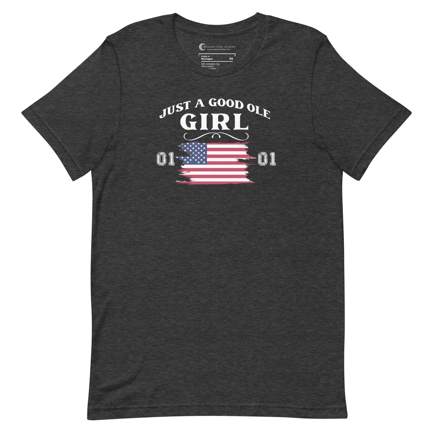 Grey Just A Good Ole Girl shirt with American flag and General Lee 01 number created by graphic apparel company Midnight Gypsy Designs as part of their Patriotic Pride Apparel Collection. Perfect Dukes of Hazard shirt, Dukes of Hazard t-shirt, Daisy Duke shirt, Daisy Duke t-shirt, General Lee shirt, General Lee t-shirt, and USA Patriotic shirt.
