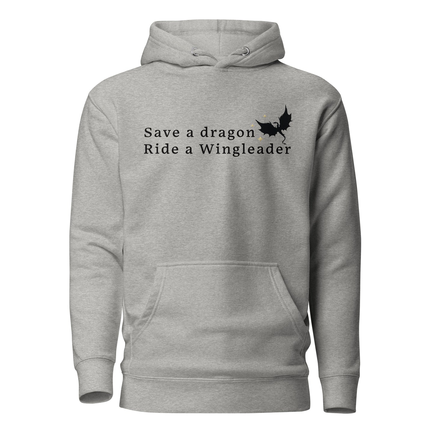 Grey Fourth Wing hoodie that says Save a Dragon Ride a Wingleader with a dragon and stars created by graphic apparel company Midnight Gypsy Designs as part of its bookish merch collection for fantasy book readers. Perfect dragon riders shirt, Xaden Riorson shirt, Iron Flame shirt and Onyx Storm shirt.