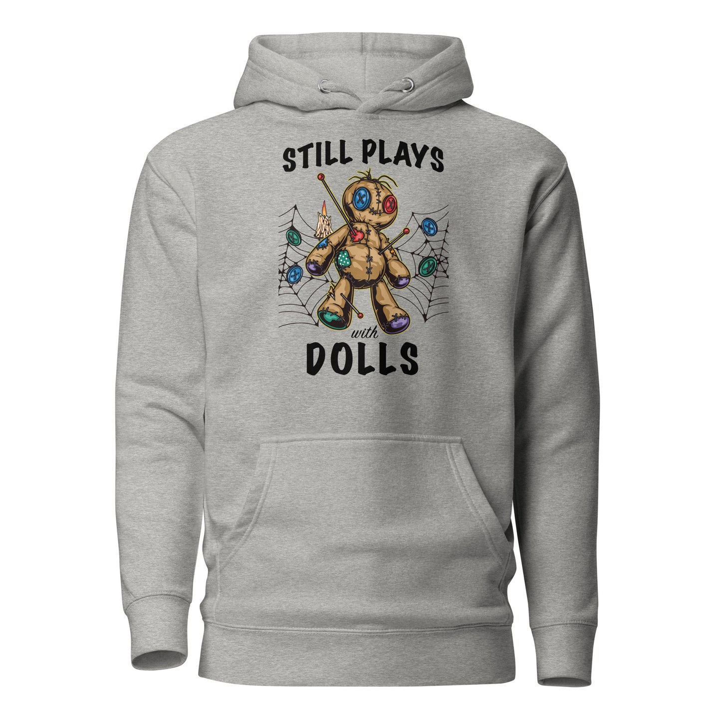 Grey Still Plays With Dolls Voodoo hoodie with Voodoo doll on front designed by graphic apparel company Midnight Gypsy Designs.