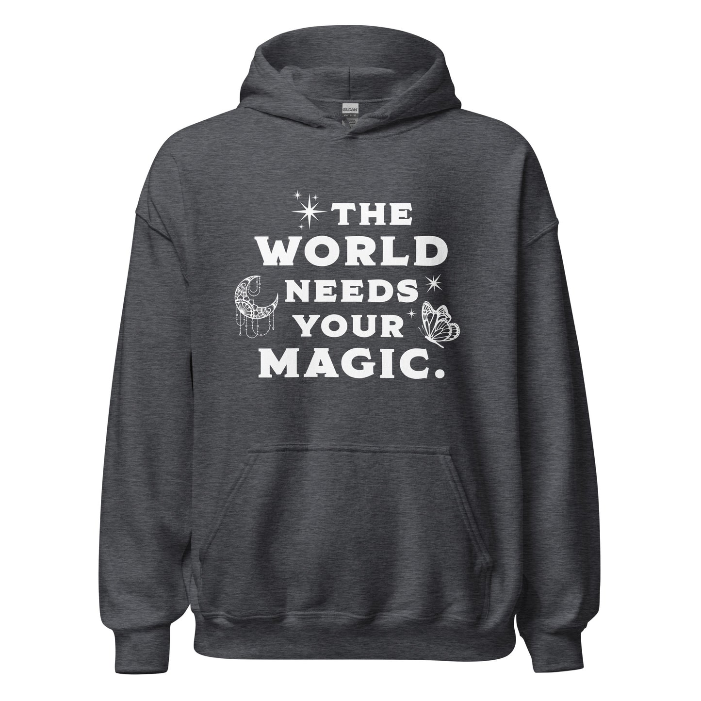 Dark heather grey The World Needs Your Magic hoodie with the moon and stars and butterfly created by graphic apparel company Midnight Gypsy Designs for their kindness apparel collection. Perfect mental health awareness shirt and cute kindness shirt.