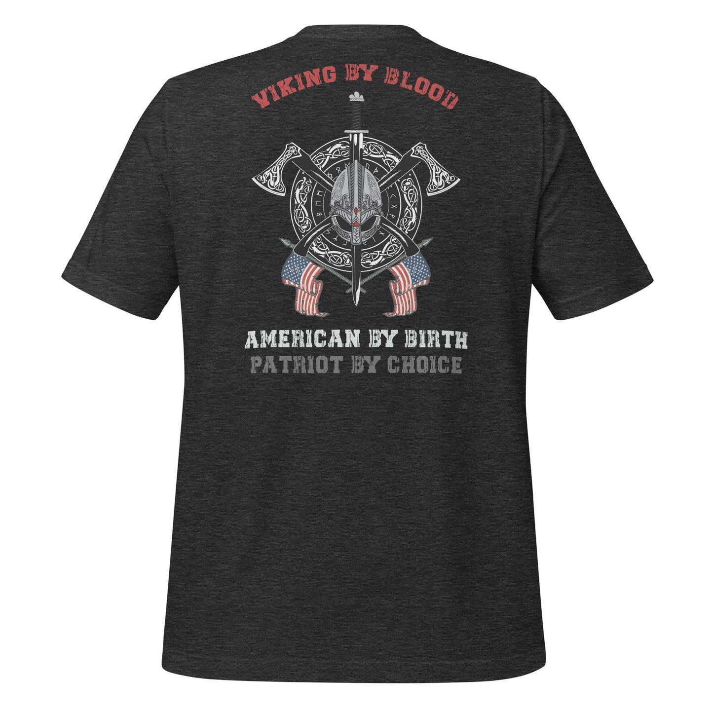 Grey Viking by Blood shirt with American flag and viking shield. Perfect viking warrior shirt, viking Valhalla shirt, USA patriotic shirt, or patriotic warrior shirt to celebrate viking heritage and American patriotism! Created by graphic apparel company Midnight Gypsy Designs!