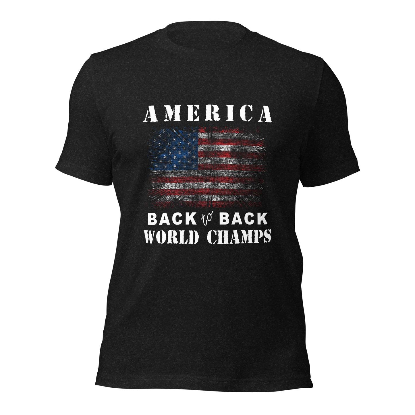 Black American patriotic pride shirt that says America Back to Back World Champs designed by graphic apparel company Midnight Gypsy Designs as part of their USA Patriotic apparel line. Perfect USA veteran shirt, USA patriotic shirt, Fourth of July Shirt, American pride shirt, USA flag shirt, USA patriot shirt, USA military shirt, and veteran warrior shirt for those who wave the red, white, and blue!