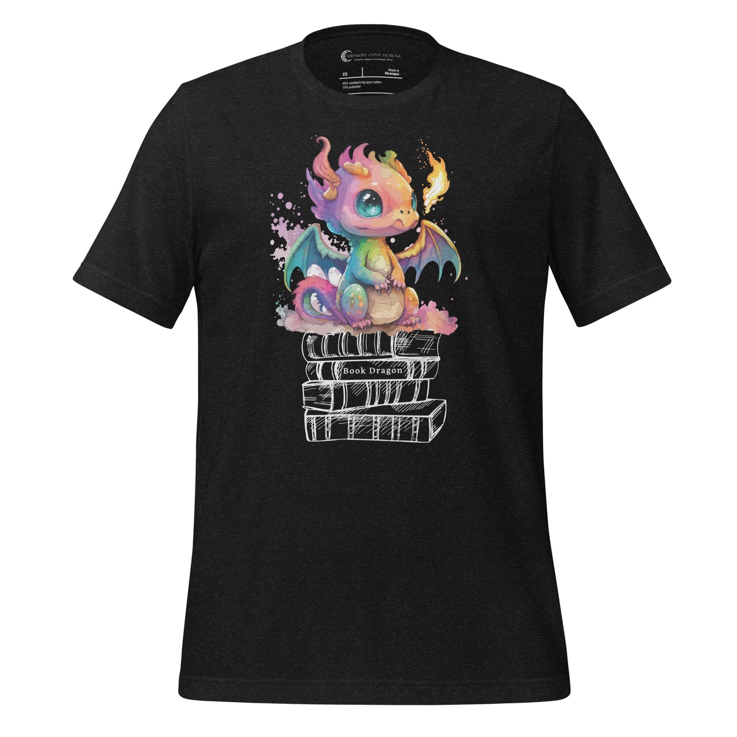 Black book dragon shirt with a fire breathing rainbow dragon sitting on top of a stack of books designed by graphic apparel shop Midnight Gypsy Designs as part of their bookish merch collection. Cute dragon shirt for fantasy readers!