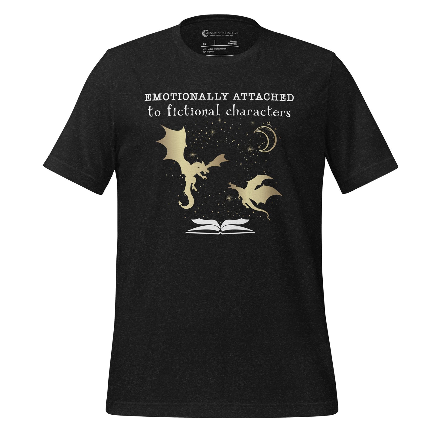 Black Emotionally Attached to Fictional Characters shirt with two gold dragons flying over an open book and a crescent moon created by graphic apparel company Midnight Gypsy Designs for their academia book merch collection. Perfect fantasy readers shirt, book dragon shirt, fourth wing shirt, book merch, bookish merch, and shirt for fantasy readers.