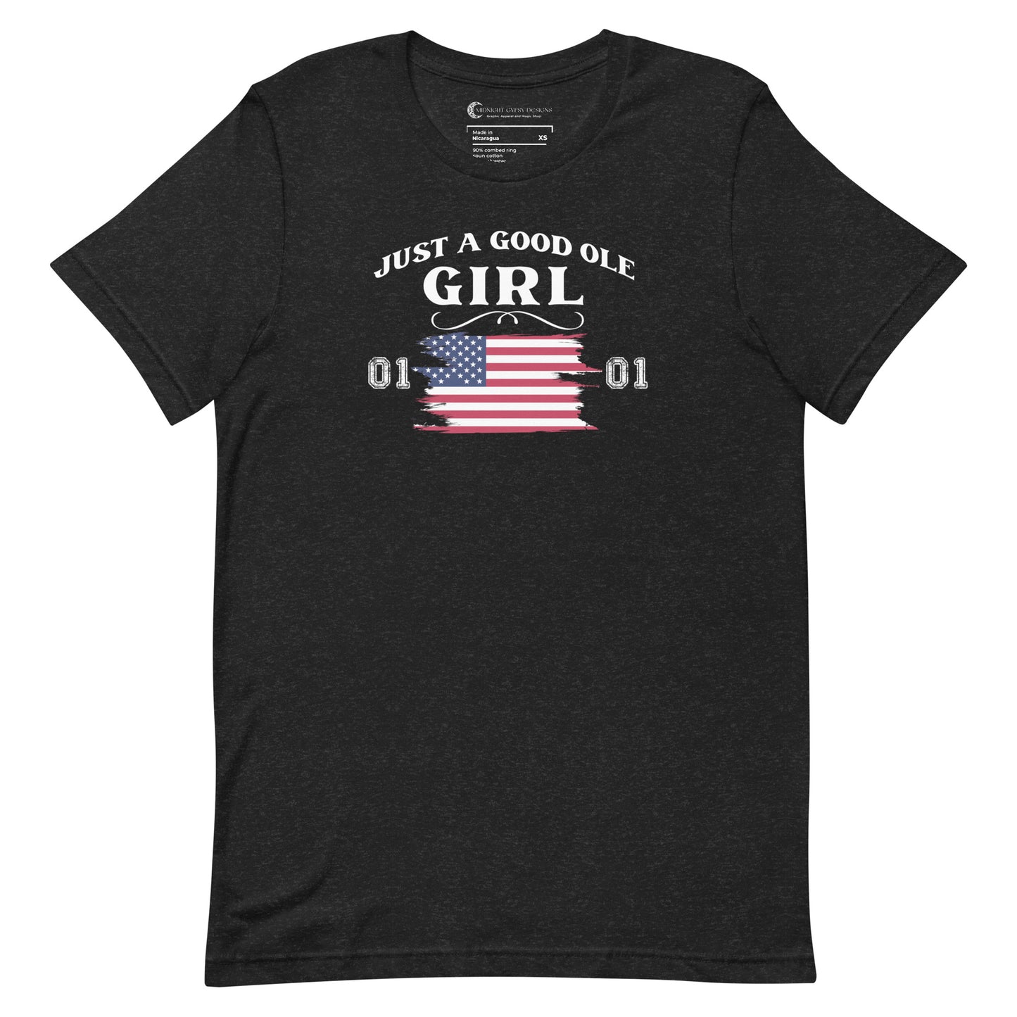 Heather black Just A Good Ole Girl shirt with American flag and General Lee 01 number created by graphic apparel company Midnight Gypsy Designs as part of their Patriotic Pride Apparel Collection. Perfect Dukes of Hazard shirt, Dukes of Hazard t-shirt, Daisy Duke shirt, Daisy Duke t-shirt, General Lee shirt, General Lee t-shirt, and USA Patriotic shirt.