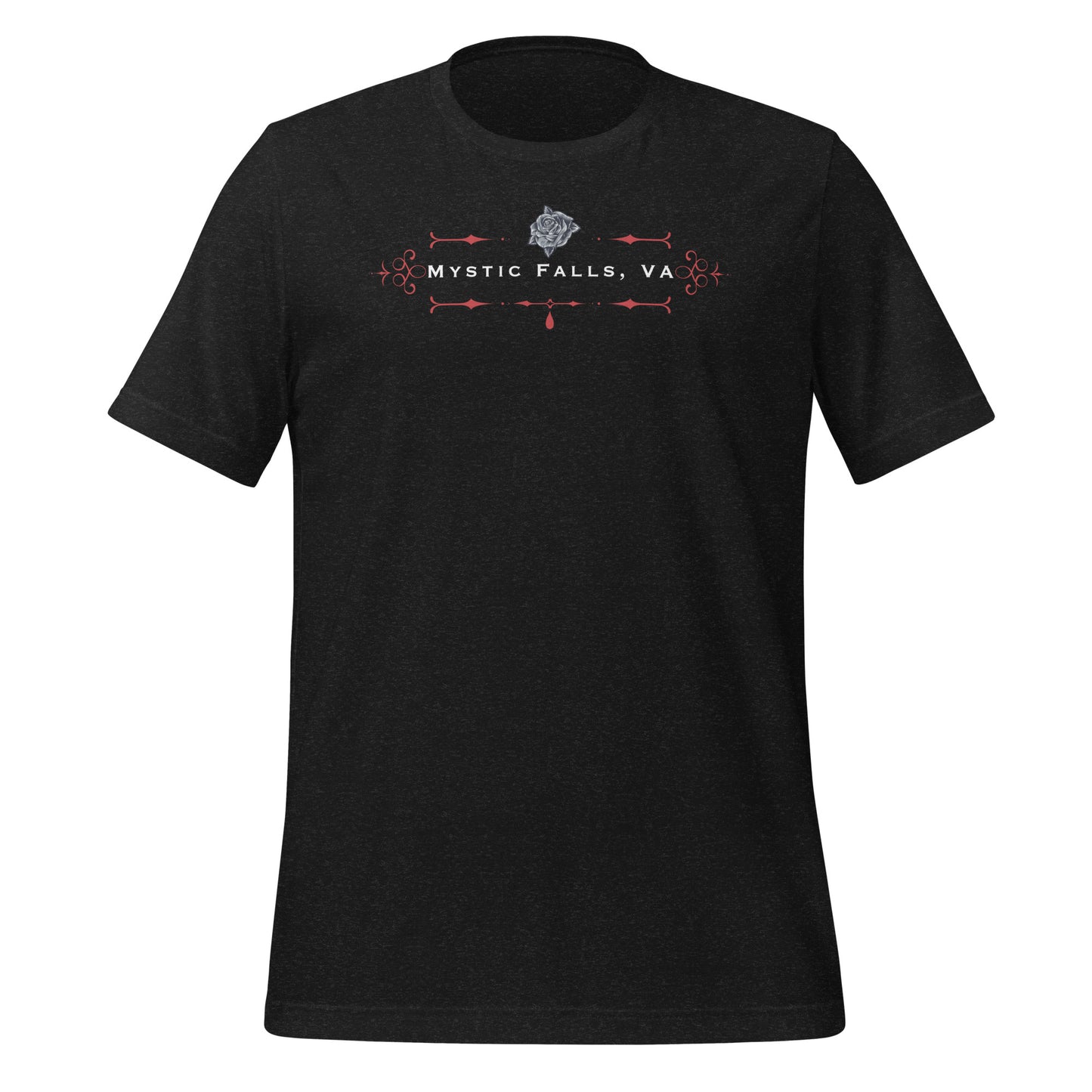 Heather black Mystic Falls t-shirt from The Vampire Diaries that says look like a Salvatore, Act like a Forbes, Love like a Gilbert, Sacrifice like a Bennett, survive like a Petrova, and fight like a Mikaelson with a rose and red blood drip created by clothing apparel shop Midnight Gypsy Designs. Perfect Vampire Diaries shirt, Damon Salvatore shirt, Stefan Salvatore shirt, The Vampire Diaries shirt, and Mystic Falls shirt.