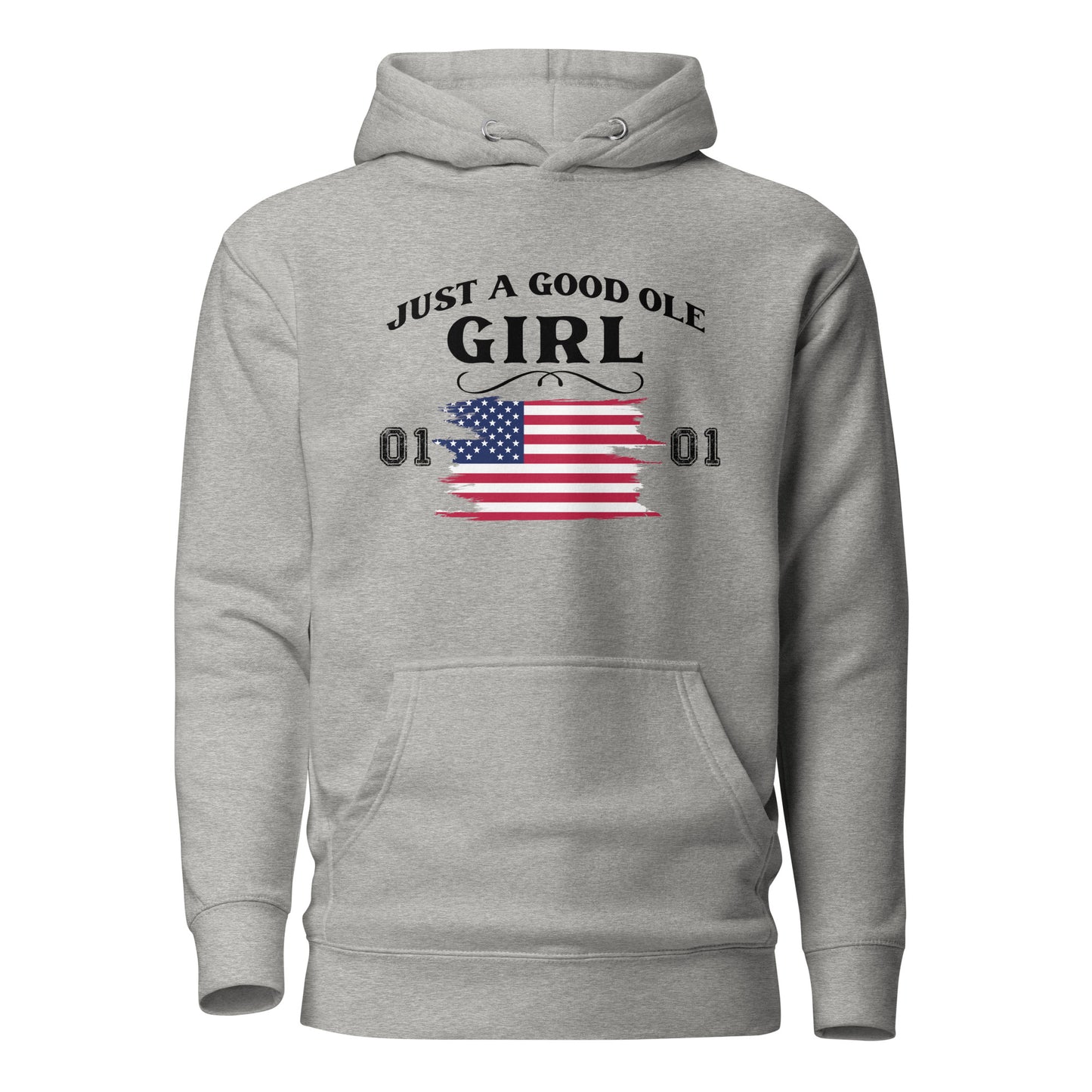 Heather grey Just A Good Ole Girl hoodie with American flag and General Lee 01 number created by graphic apparel company Midnight Gypsy Designs as part of their Patriotic Pride Apparel Collection. Perfect Dukes of Hazard hoodie, Dukes of Hazard shirt, Daisy Duke hoodie, Daisy Duke shirt, General Lee hoodie, General Lee shirt, and USA Patriotic shirt.