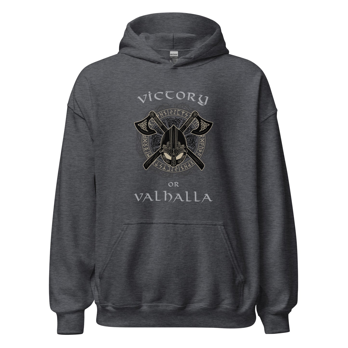 Heather grey Victory or Valhalla Viking hoodie with shield and axe and norse compass created by graphic apparel company Midnight Gypsy Designs.