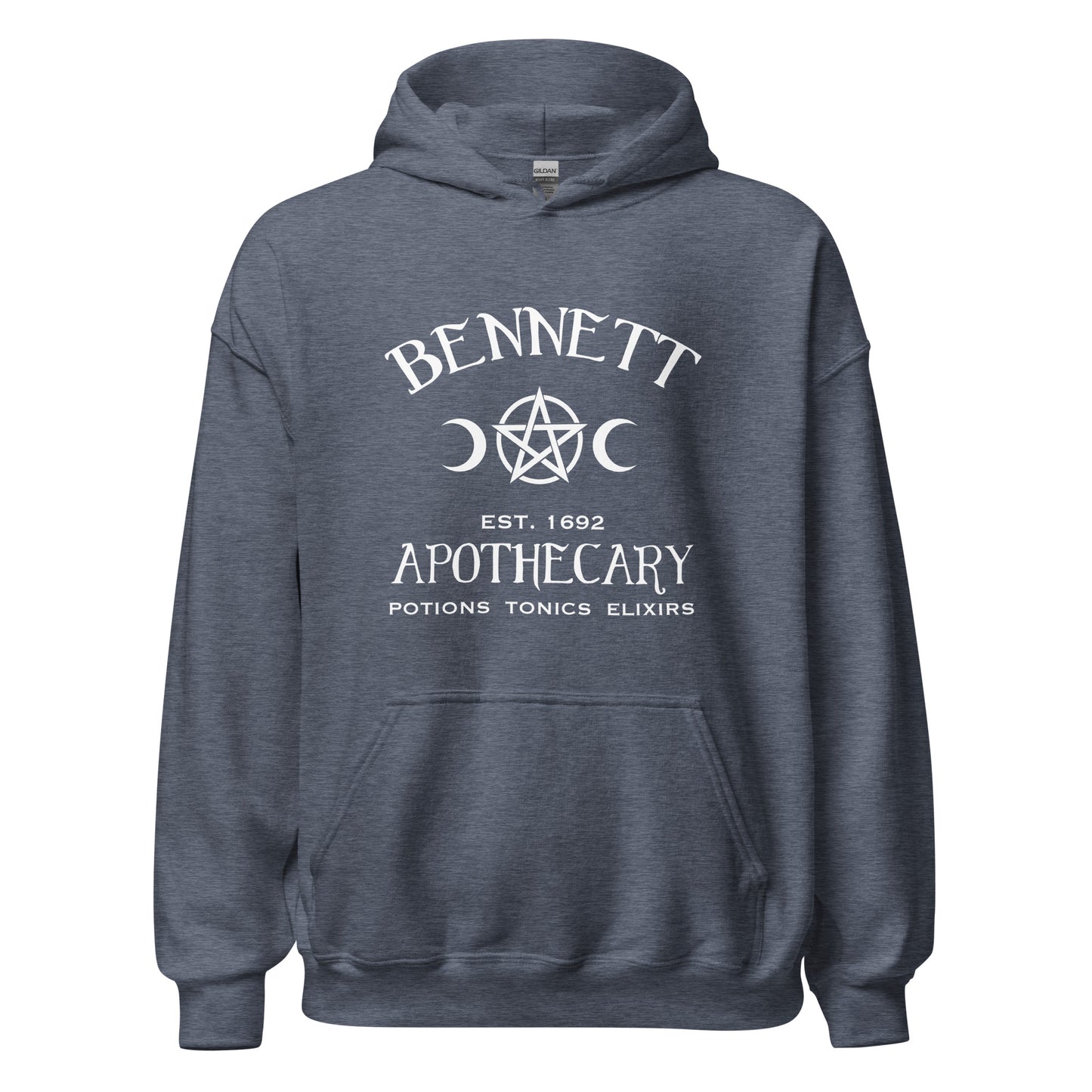 Heather navy Bonnie Bennett hoodie with white lettering that reads Bennett Apothecary Established 1692 Potions Tonics Elixirs inspired by Bonnie Bennett from The Vampire Diaries and created by apparel apparel company Midnight Gypsy Designs. Perfect The Vampire Diaries hoodie, Bonnie Bennett shirt, Salem witch trials shirt, Mystic Falls hoodie, Vampire Diaries shirt, Mystic Falls shirt, Bonnie Bennett Apothecary shirt, and Salem witch trials hoodie.