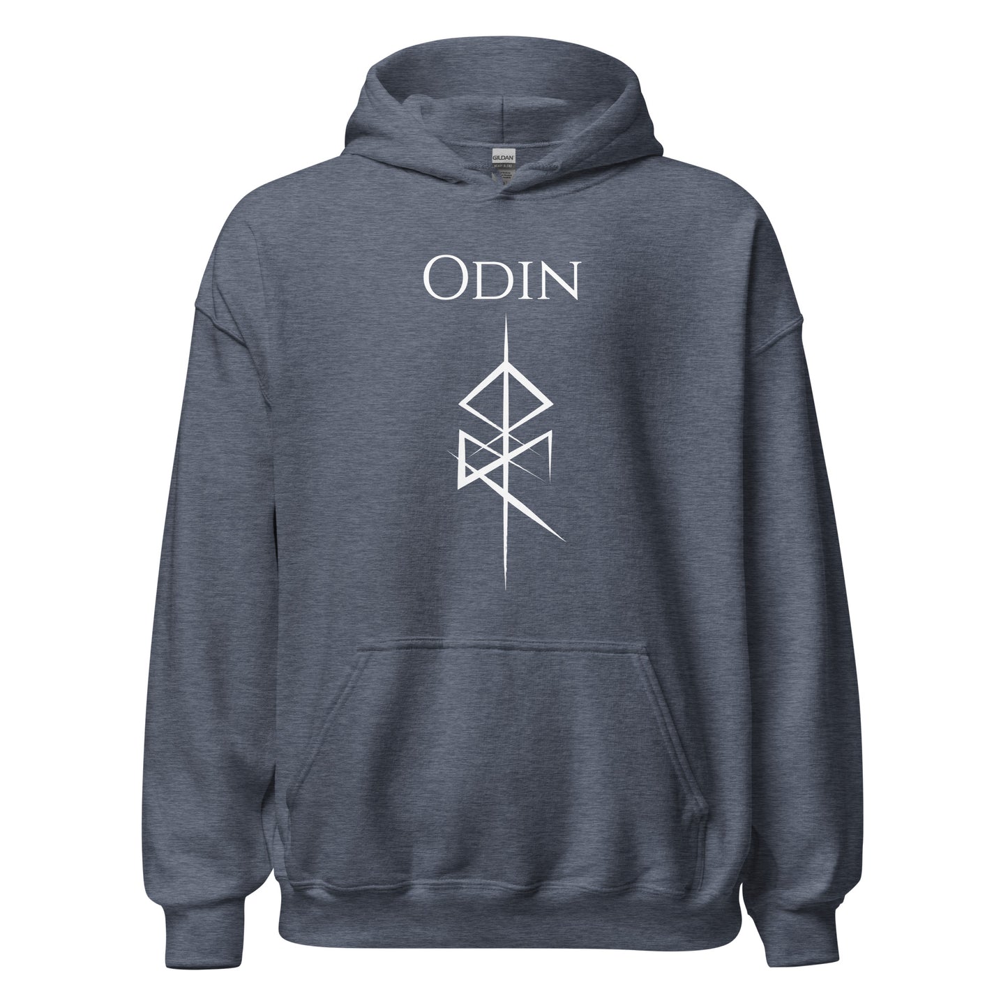 Heather navy Odin hoodie with the Odin God of War Futhark rune symbol created by Norse Viking apparel shop Midnight Gypsy Designs as part of their Viking apparel collection. Perfect Odin shirt, God of War shirt, Vikings hoodie, Norse Viking hoodie, Norse rune hoodie, Odin hoodie, God of War hoodie, Norse Viking shirt, and Scandinavian hoodie.