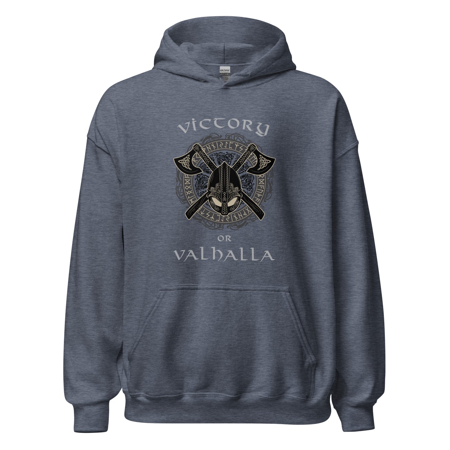 Heather navy Victory or Valhalla Viking hoodie with shield and axe and norse compass created by graphic apparel company Midnight Gypsy Designs.