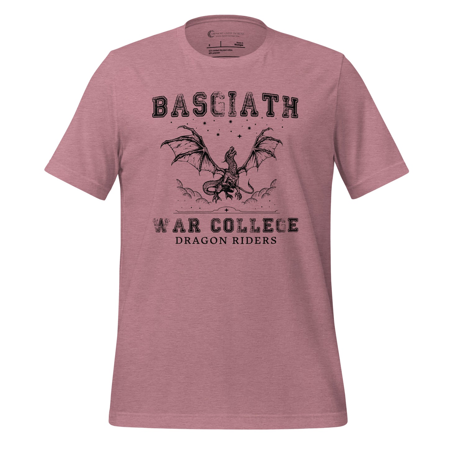 Heather orchid dragon rider Basgiath War College shirt for fantasy book readers of Fourth Wing, Iron Flame, and Onyx Storm created by graphic apparel company Midnight Gypsy Designs as part of their bookish merch collection.